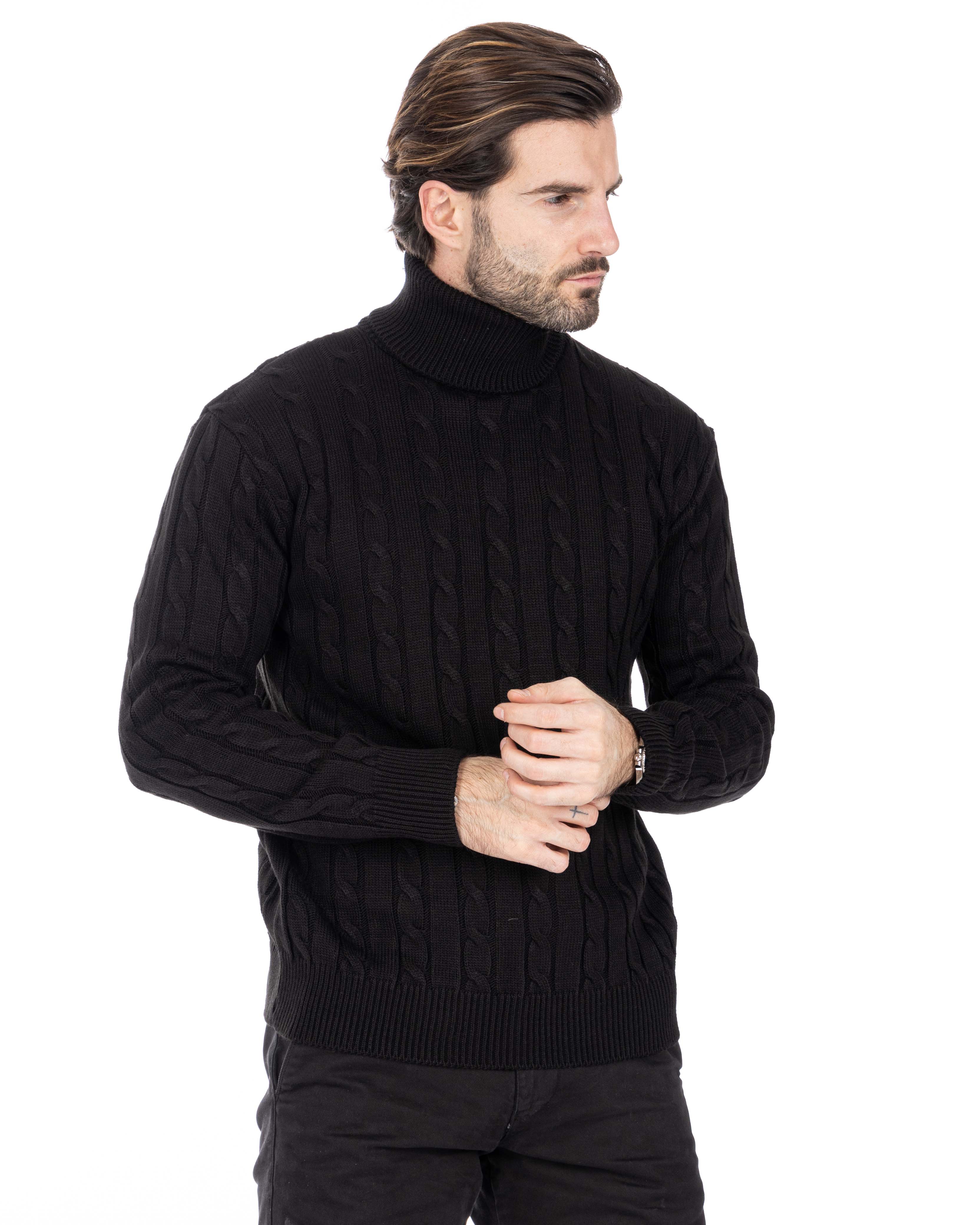 Crovie - black sweater with turtleneck cables