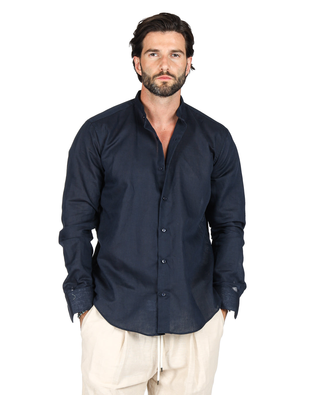 Positano - Camicia coreana blu in lino