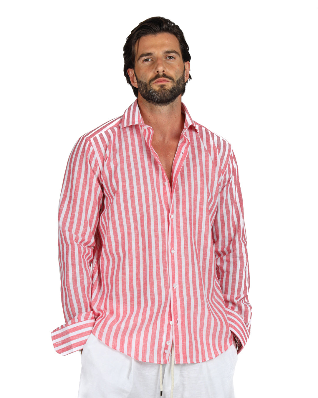 Procida - Classic red wide striped linen shirt