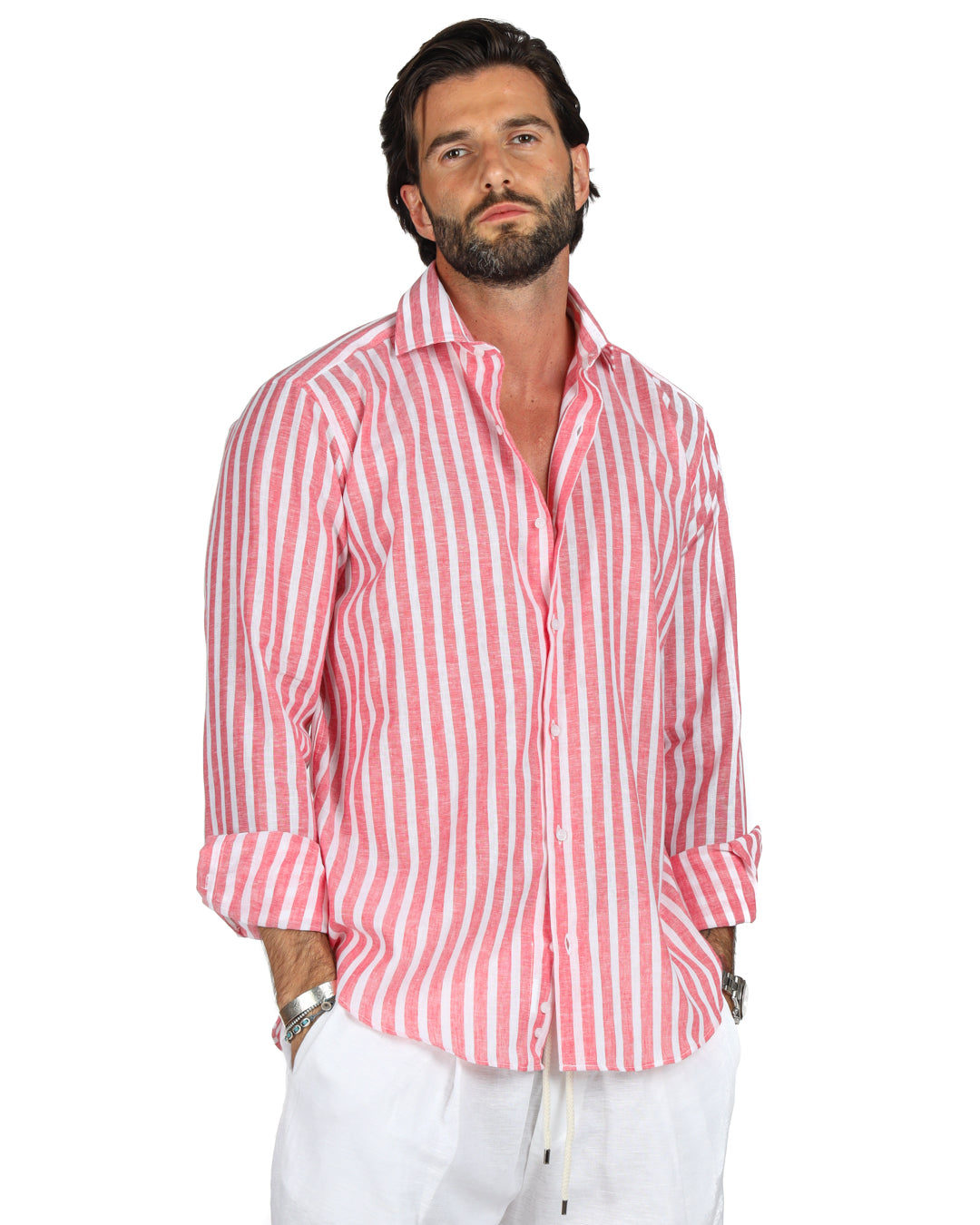 Procida - Classic red wide striped linen shirt