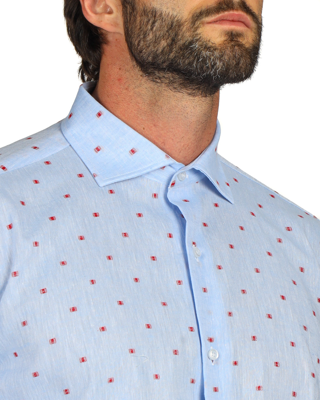 Salina - Classic light blue linen shirt with red embroidery