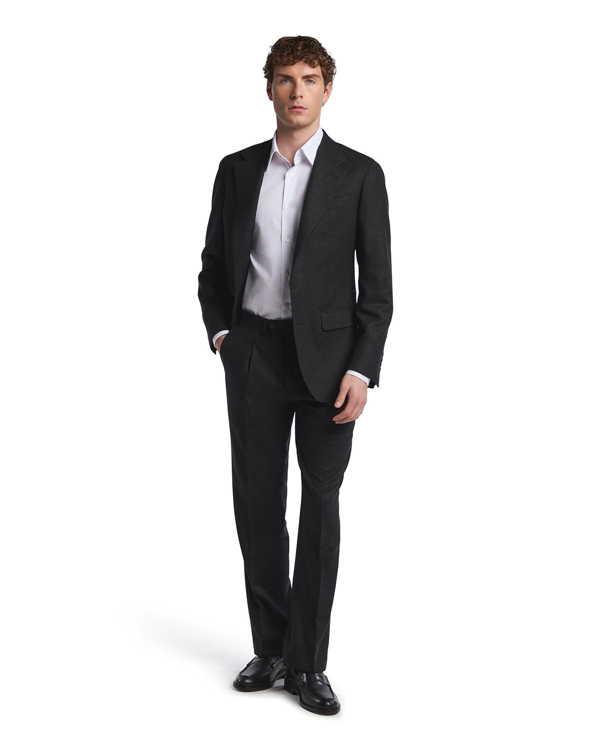 Men's charcoal grey wool suit with blazer and tailored trousers, styled for formal occasions.