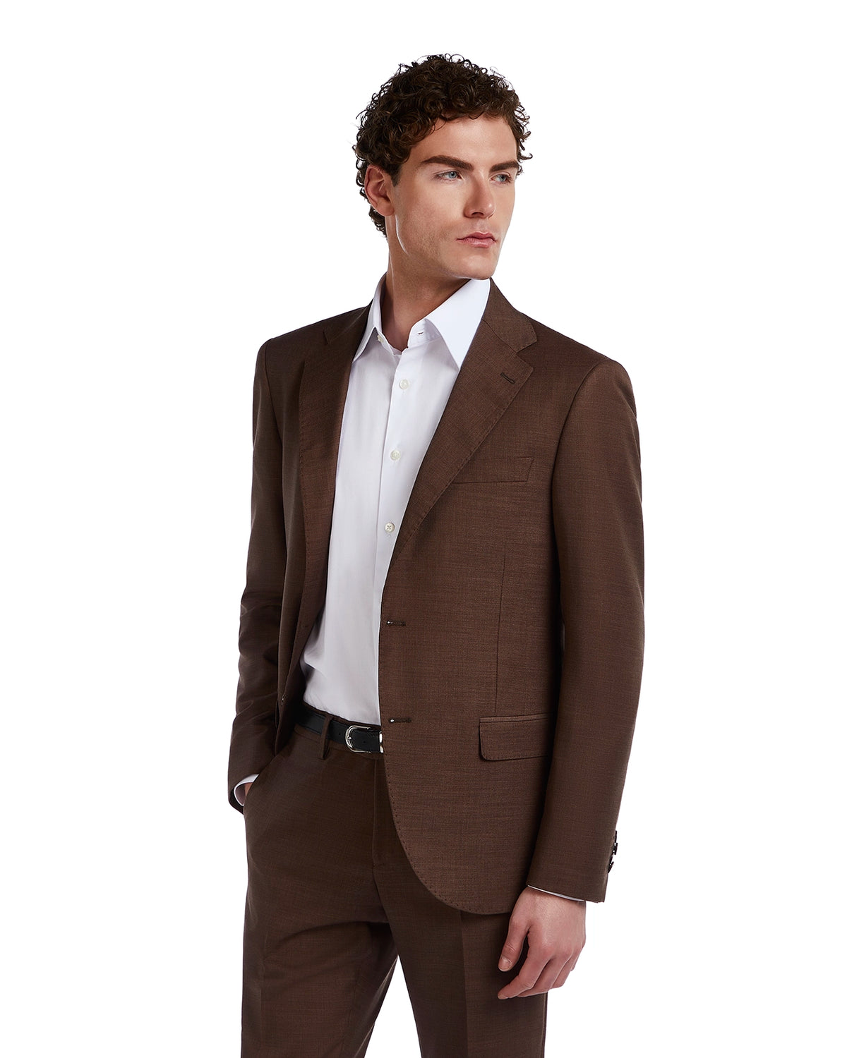 Brown tailored suit jacket with a white dress shirt, featuring a sleek fit and classic styling. Ideal for formal occasions.