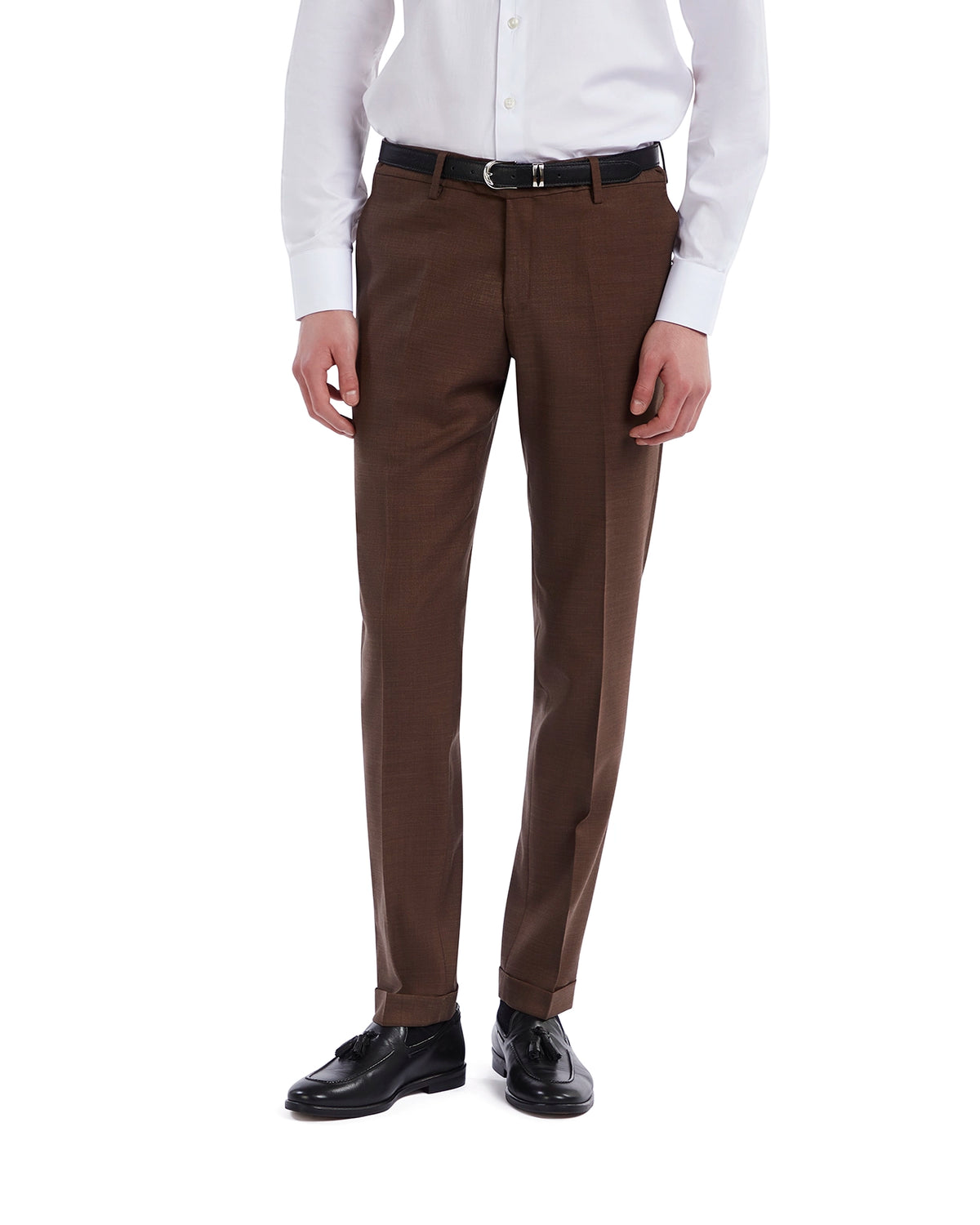 Men's brown plaid dress pants, tailored fit, lightweight fabric, paired with a white shirt and black belt.