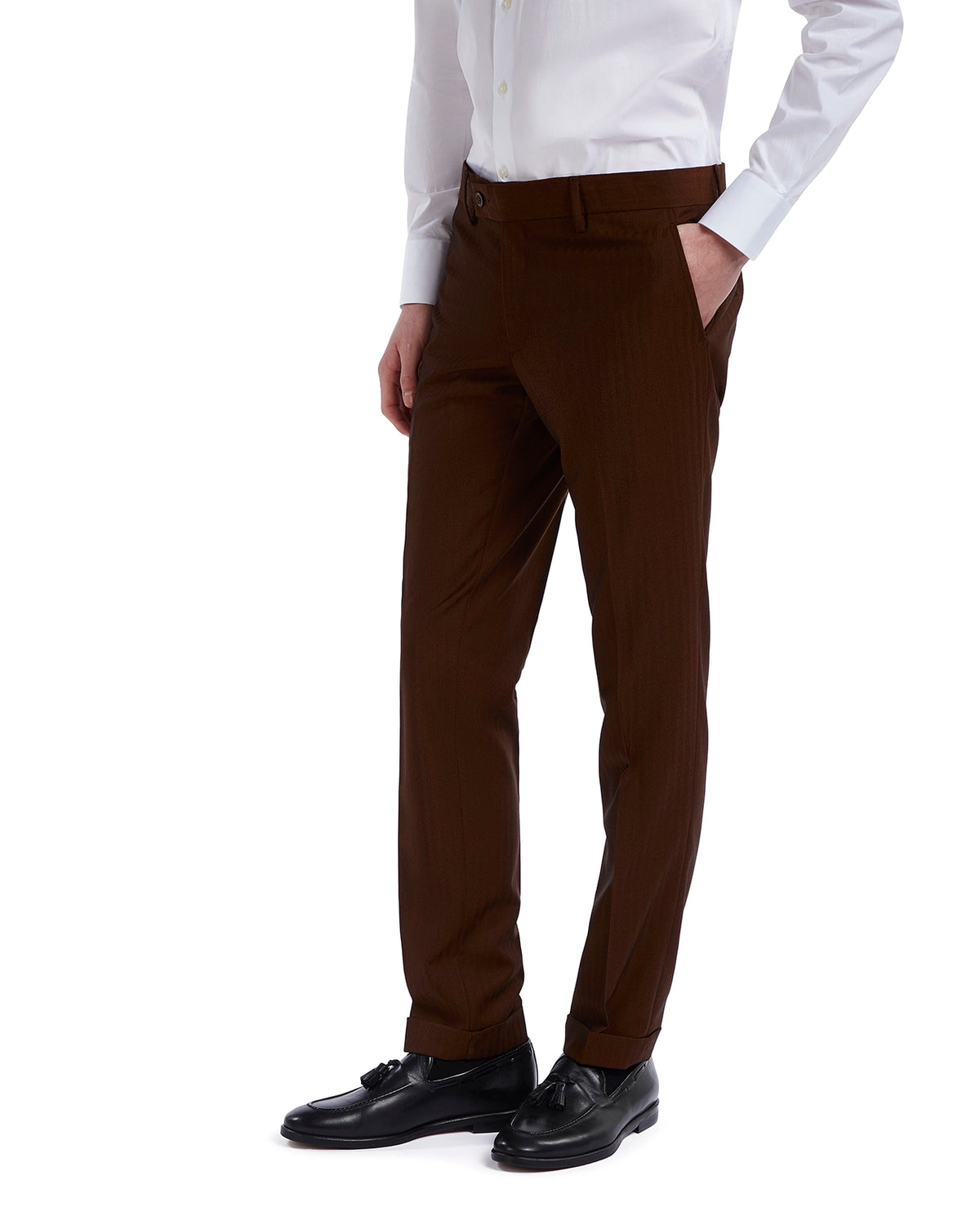 Brown slim-fit dress pants made from lightweight fabric, paired with a white dress shirt and black shoes, perfect for formal occasions.