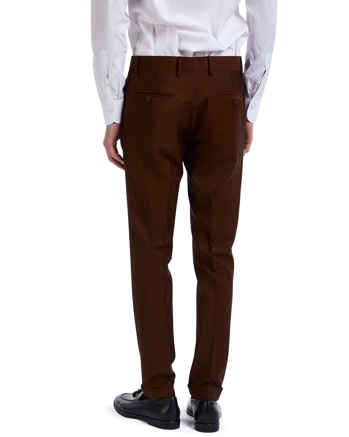 Brown striped dress pants made of lightweight fabric, tailored fit, perfect for formal occasions.