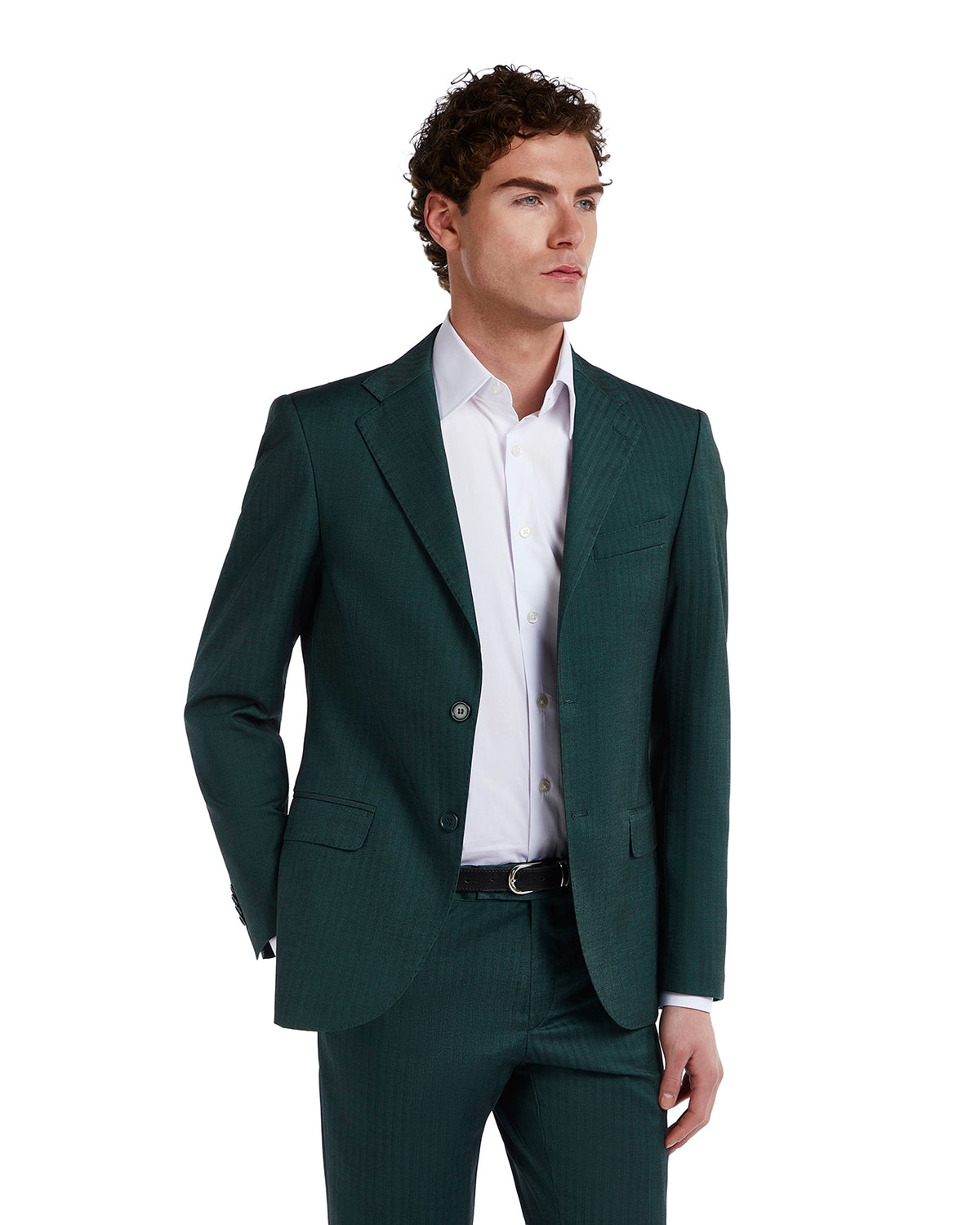 Men's dark green striped suit jacket in lightweight fabric, paired with a crisp white dress shirt. Stylish and modern fit.