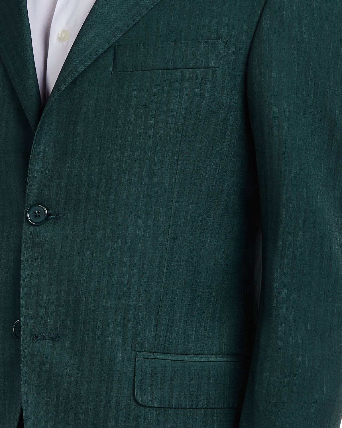 Green striped blazer made from lightweight fabric, featuring a two-button closure and notched lapels.