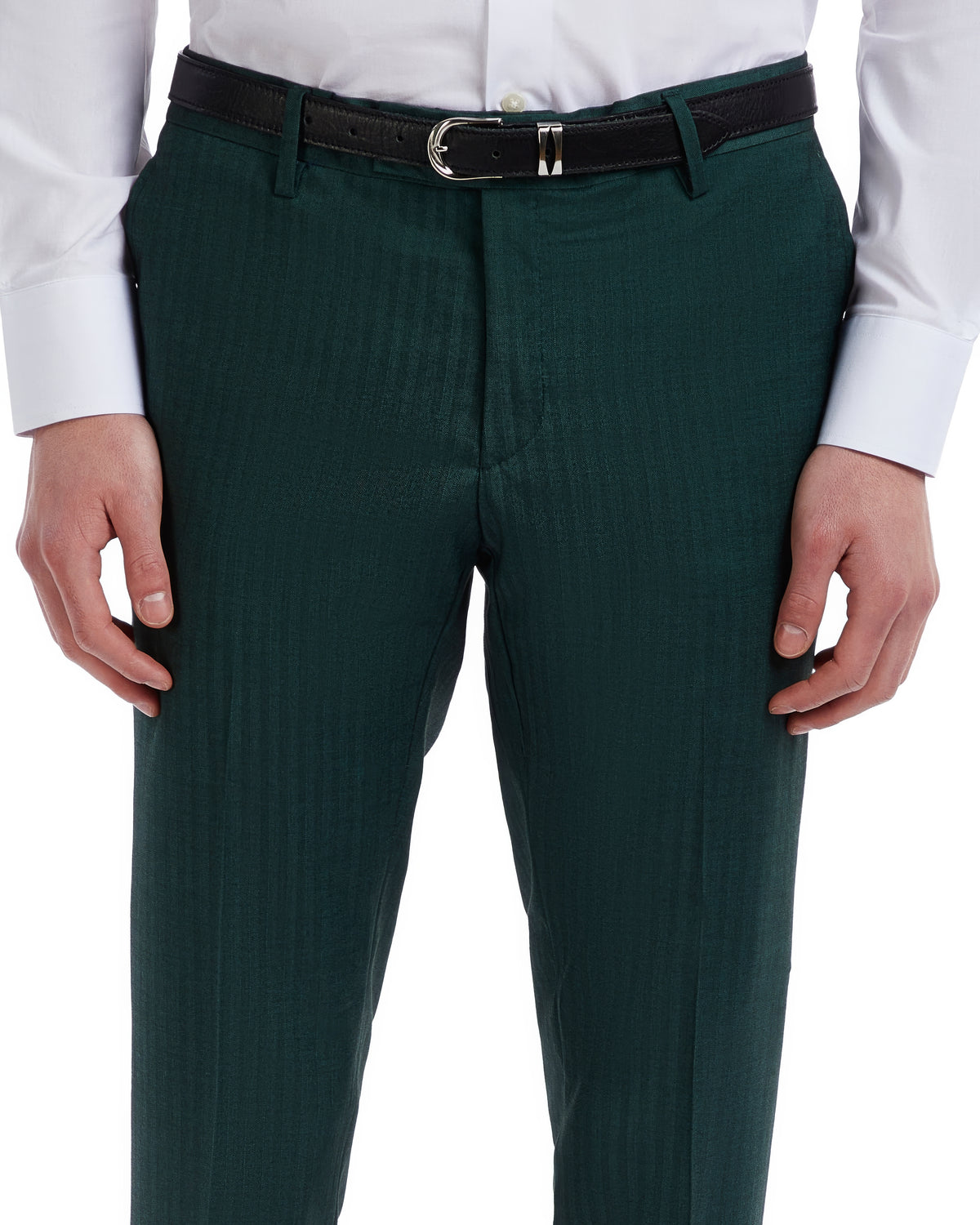 Men's emerald green dress pants with a subtle texture, featuring a black belt and tailored fit, perfect for formal occasions.