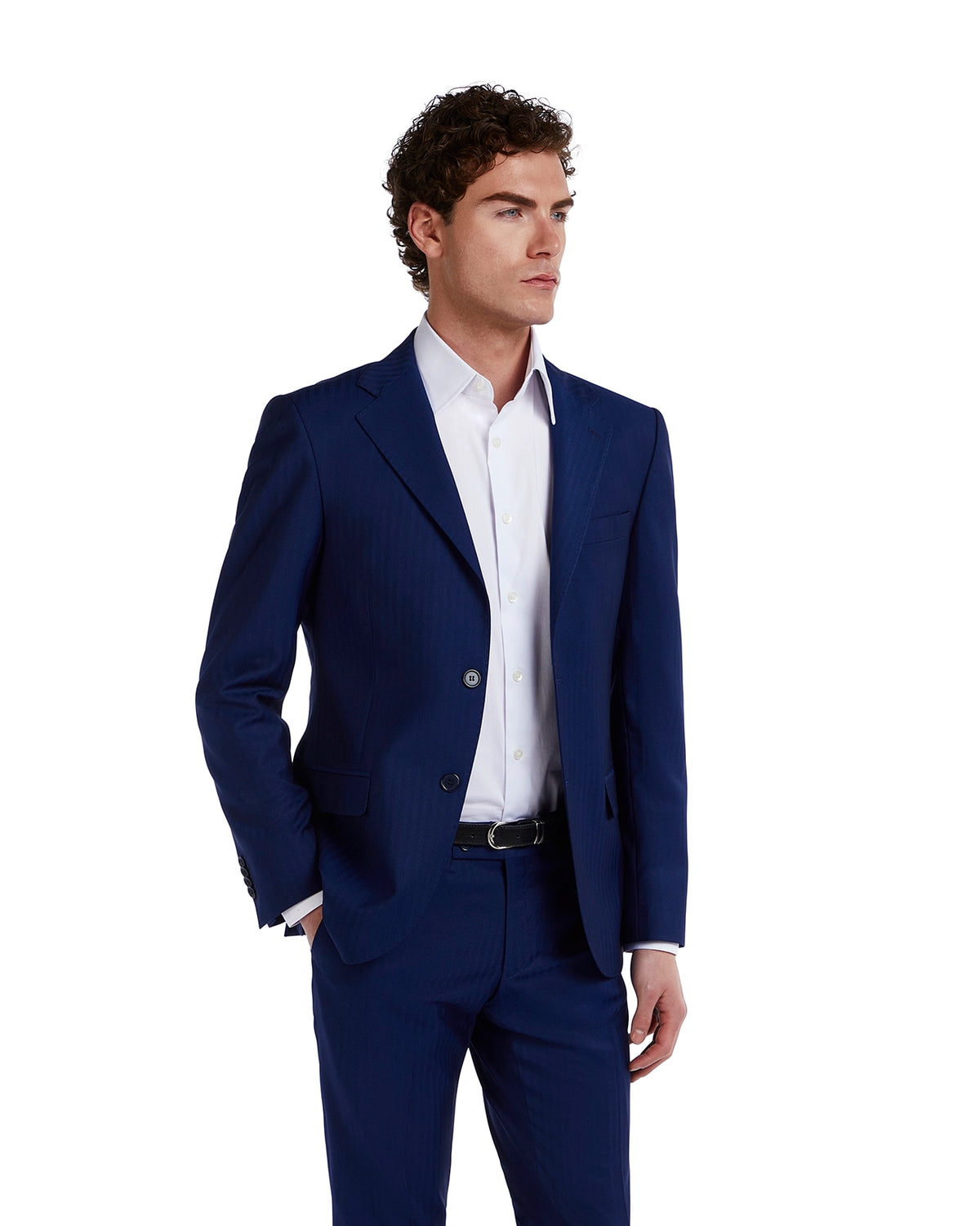 Navy striped men's suit jacket made of wool, paired with a crisp white shirt for a sophisticated look.