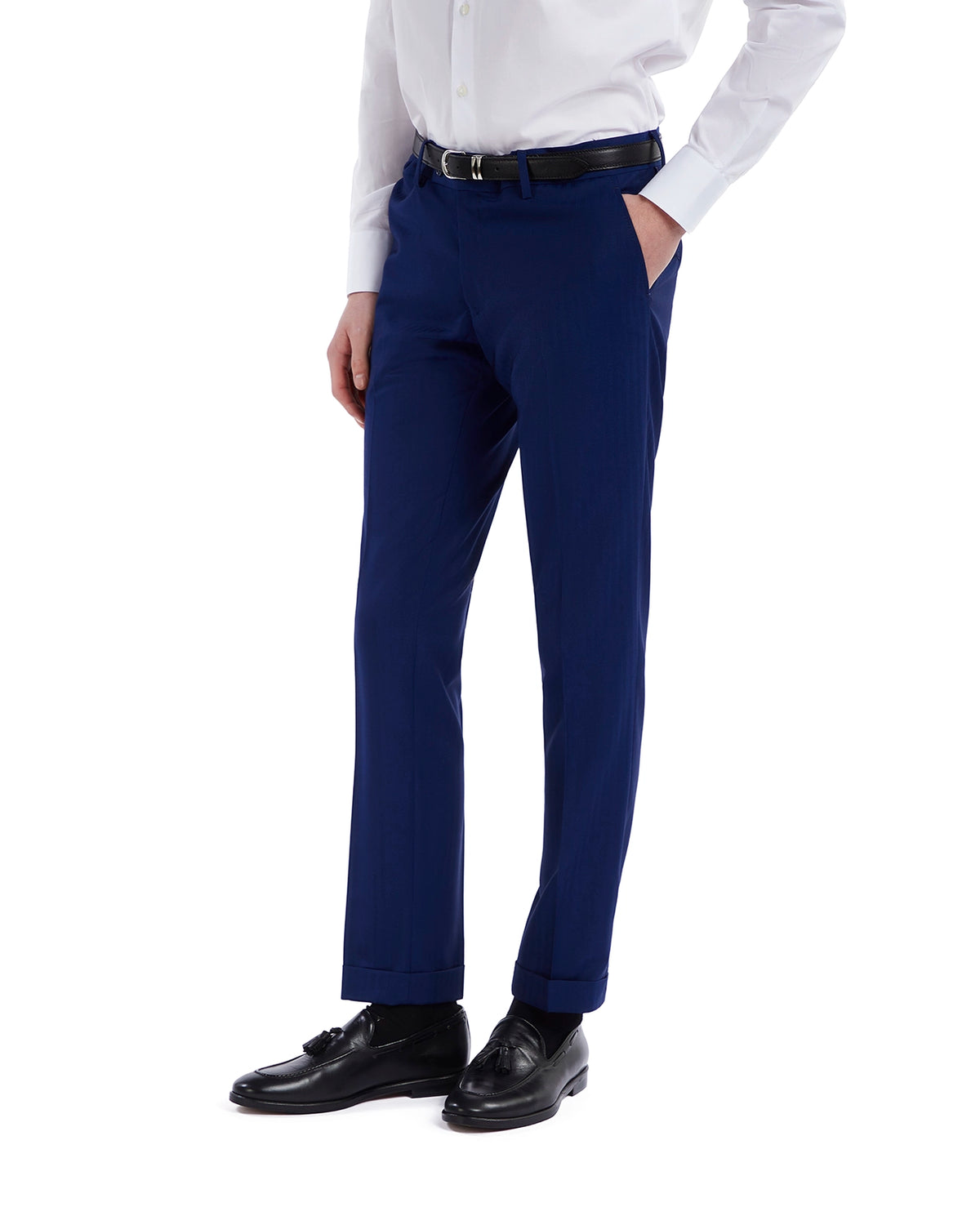 Navy blue tailored dress pants in lightweight fabric with a slim fit, paired with a crisp white shirt and black shoes.