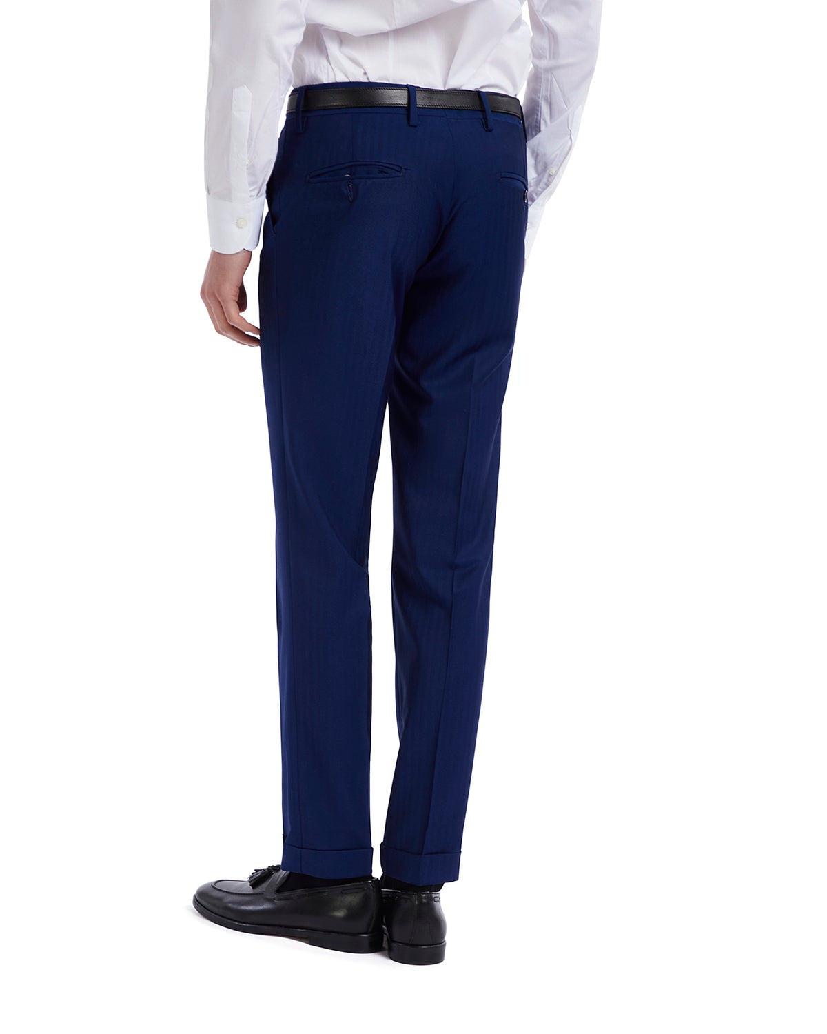 Men's tailored navy blue dress trousers, sleek fabric, slim fit, perfect for formal or business occasions.