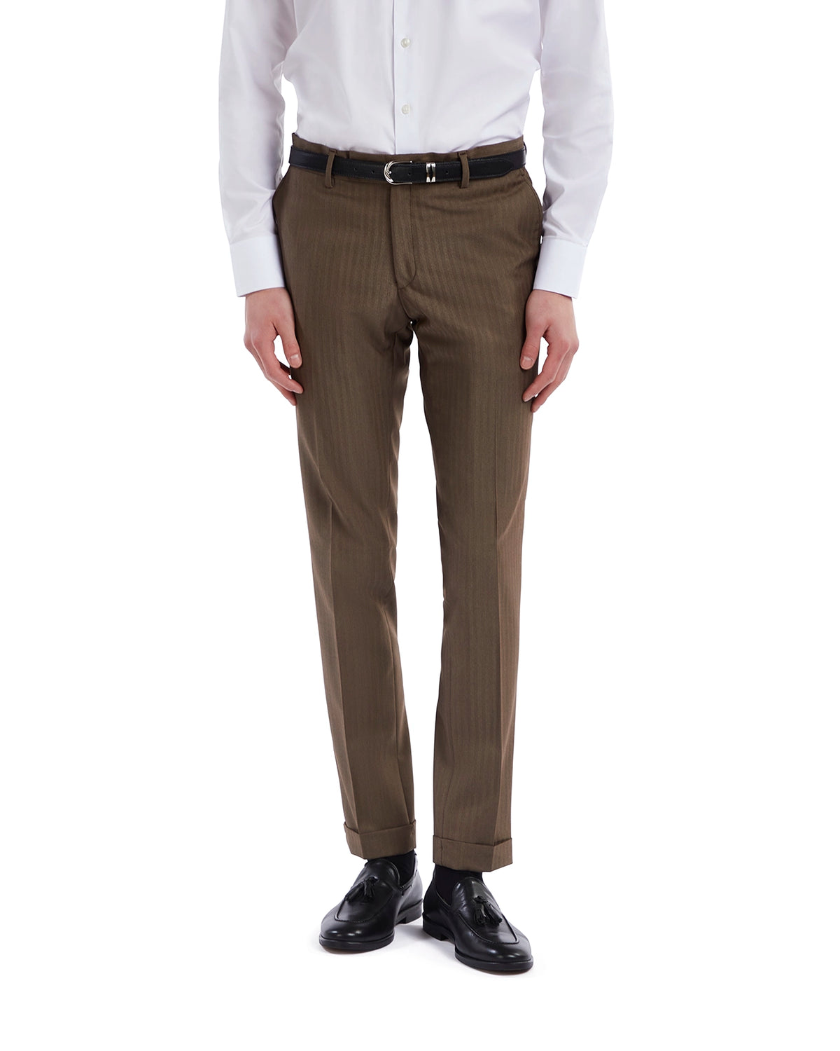 Men's brown striped dress pants in lightweight fabric, styled for a tailored fit, paired with a white shirt and belt.