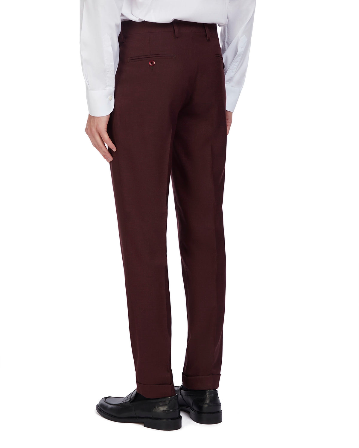 Men's burgundy tailored trousers made of lightweight fabric, featuring a sleek, modern fit and back button pocket.
