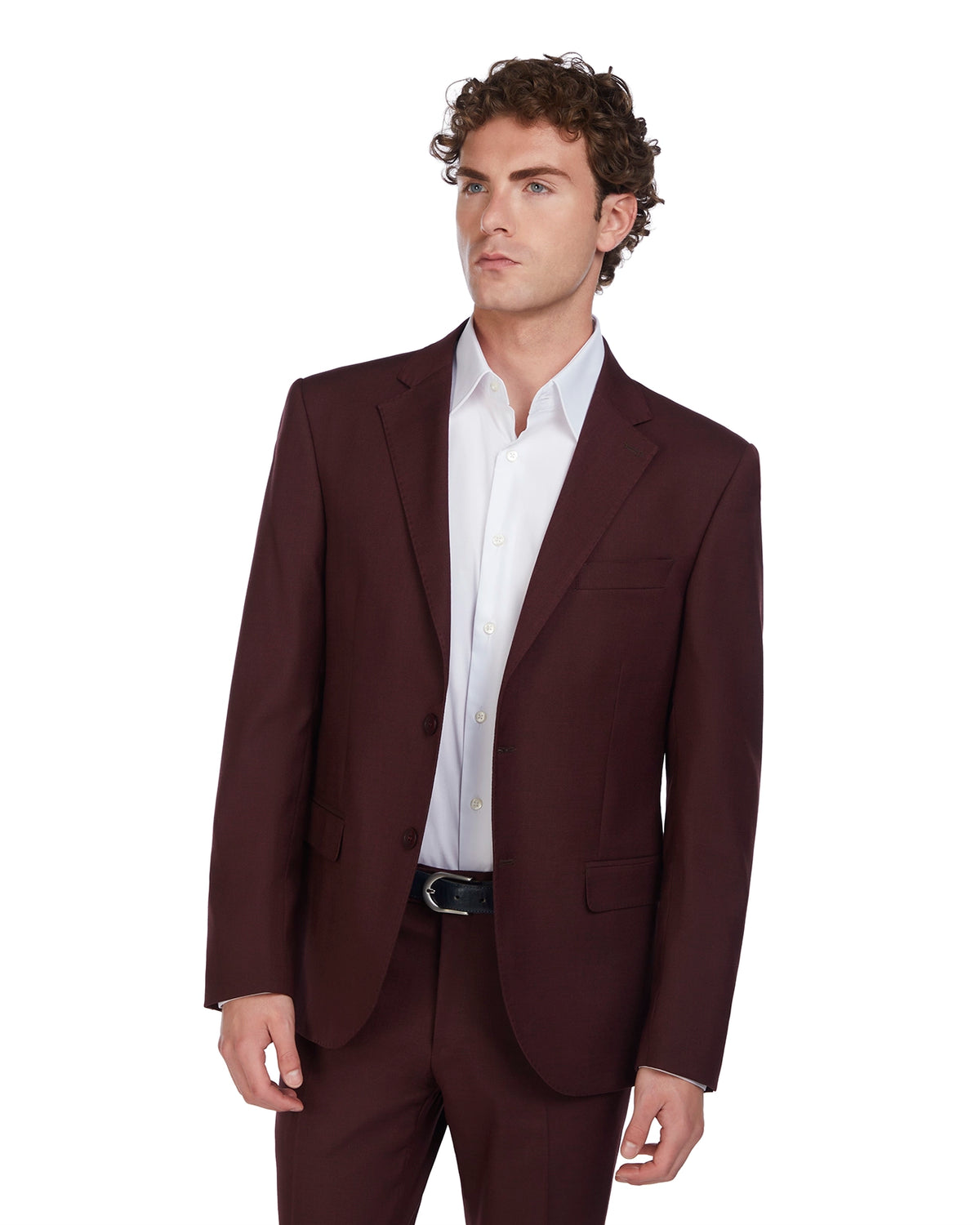 Men's burgundy suit jacket in a modern fit, crafted from lightweight fabric with a single-button closure.