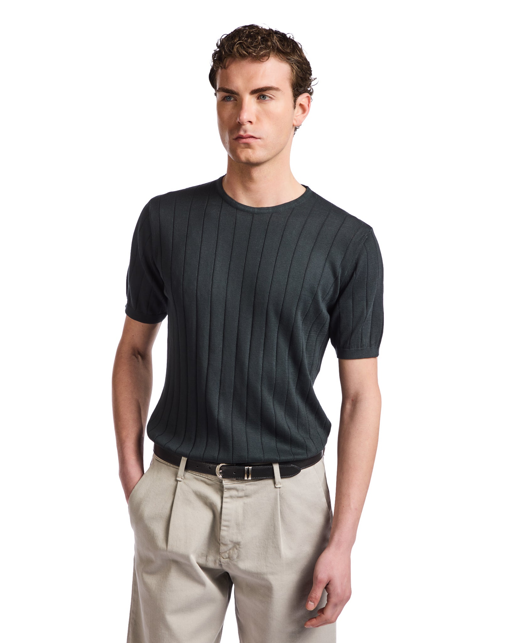 Camiseta acanalada Adriano de punto negra
