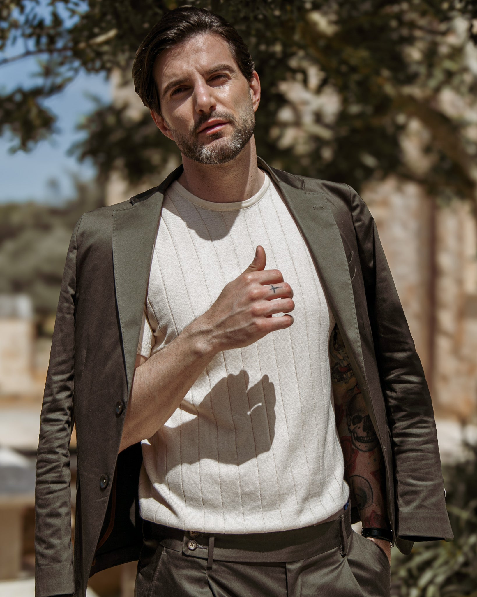Adriano - Cream Ribbed Knit T-Shirt
