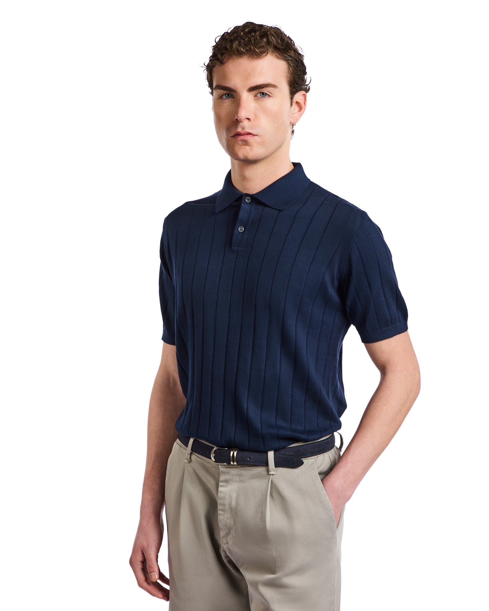 Cameron Polo in blue ribbed knit