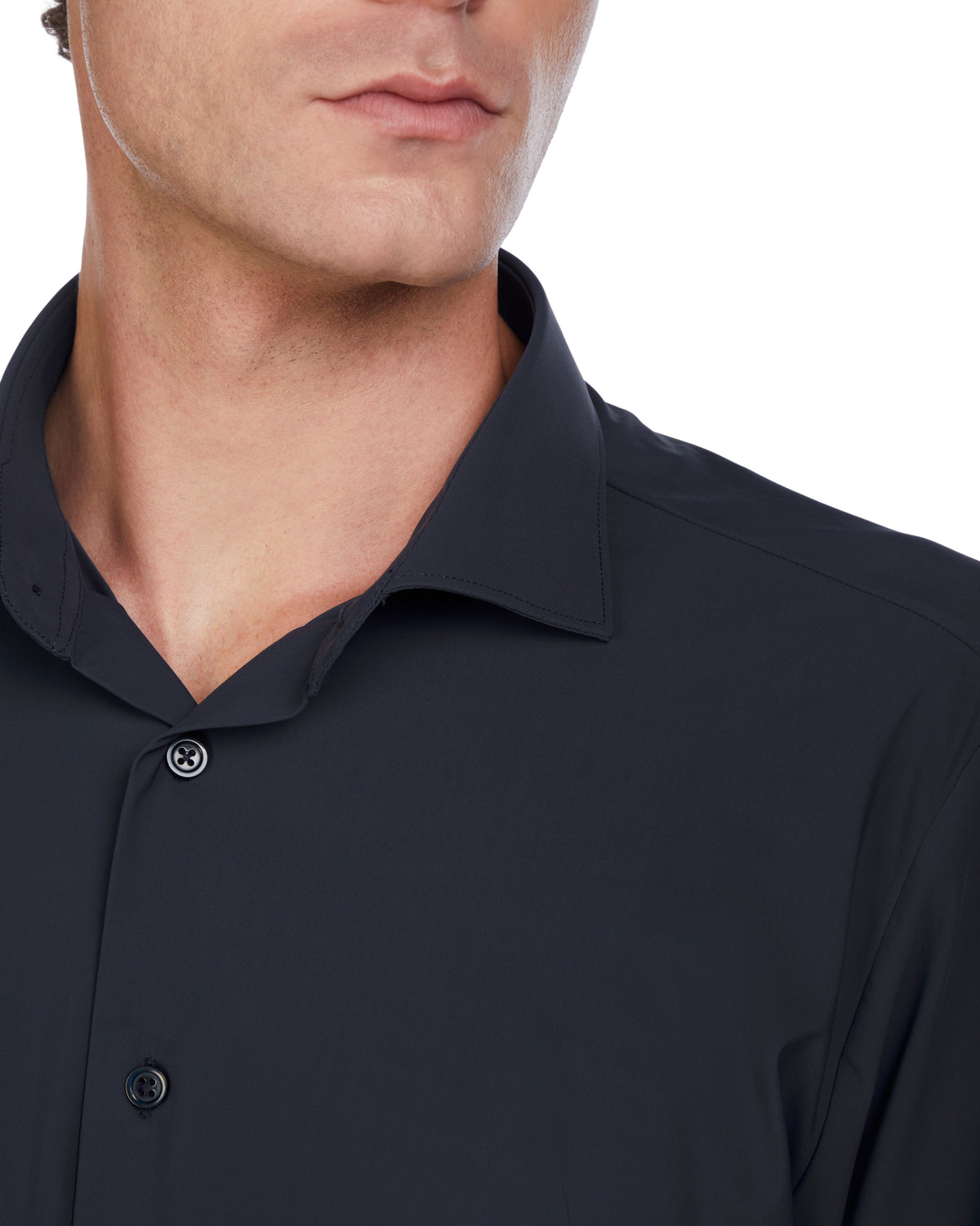 Men's dark navy button-up shirt, lightweight fabric, modern fit, ideal for casual or business casual wear.