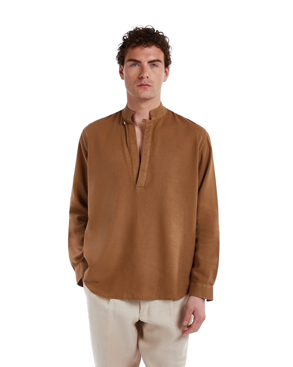 Men's brown linen shirt with a Mandarin collar and a relaxed fit, perfect for casual or smart-casual outfits.