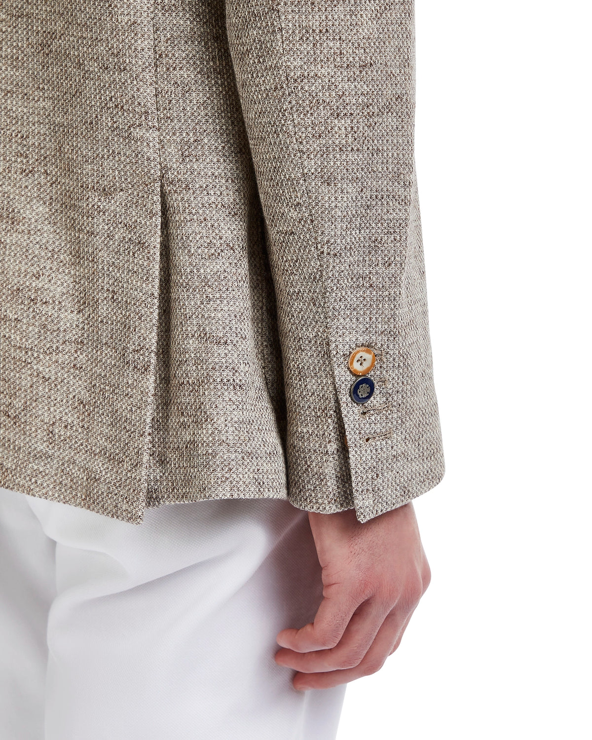 Light brown textured blazer with wooden buttons, tailored fit, and stylish cuff detail, perfect for smart casual wear.