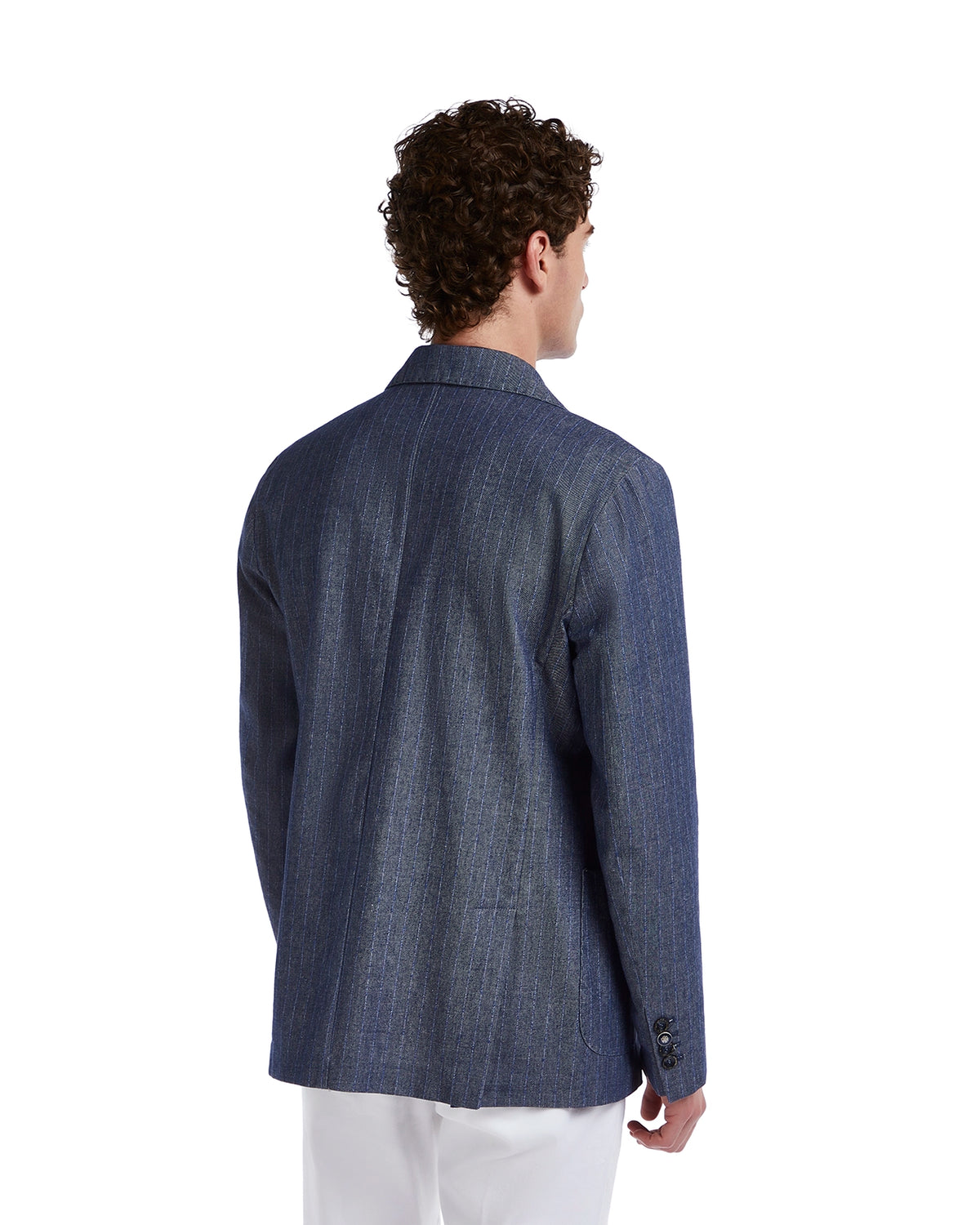 Men's navy pinstripe blazer in lightweight fabric, tailored fit, perfect for formal or smart-casual occasions.