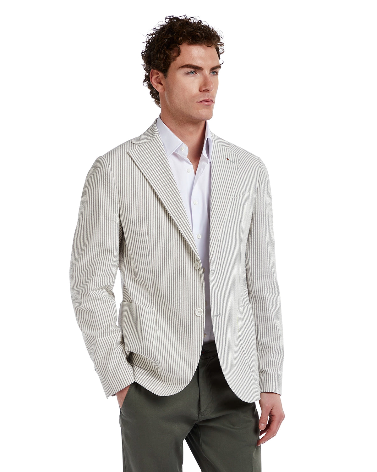 Men's striped blazer in white and navy, lightweight fabric, tailored fit, perfect for smart-casual occasions.