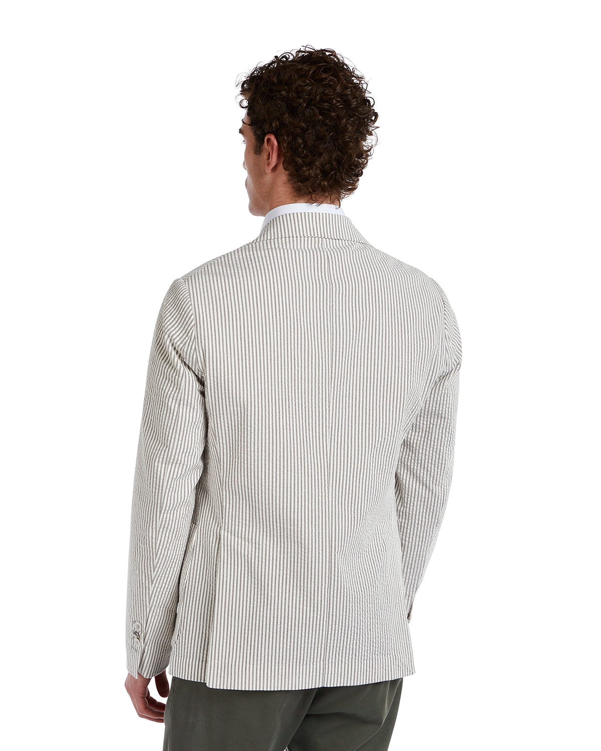 Men's striped beige blazer in lightweight cotton, tailored fit with a notched collar and single-button closure.