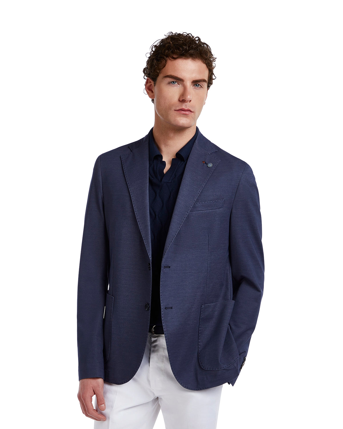 Men's navy blue blazer in lightweight fabric, tailored fit, with single-breasted design and two front pockets.