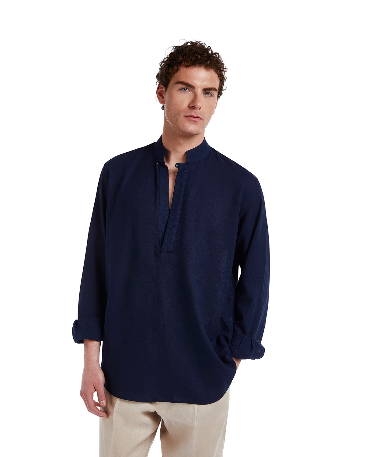 Navy blue linen shirt with a mandarin collar and buttonless placket, perfect for casual or semi-formal wear.