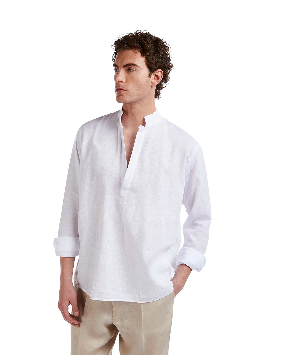 Men's white linen shirt with a mandarin collar and roll-up sleeves, perfect for warm-weather casual styling.