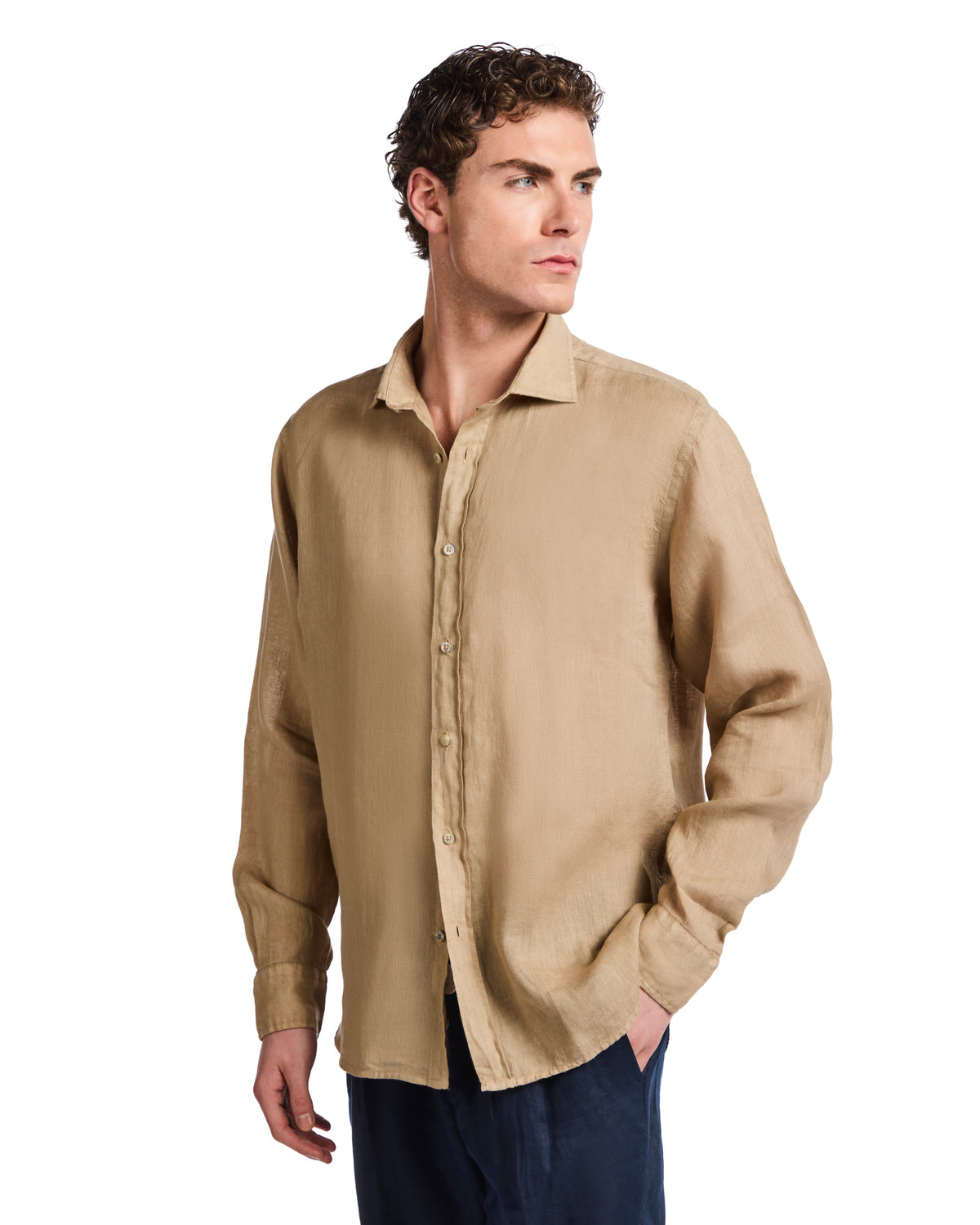 Light brown linen long-sleeve shirt for men, featuring a relaxed fit and button-down collar, perfect for casual wear.