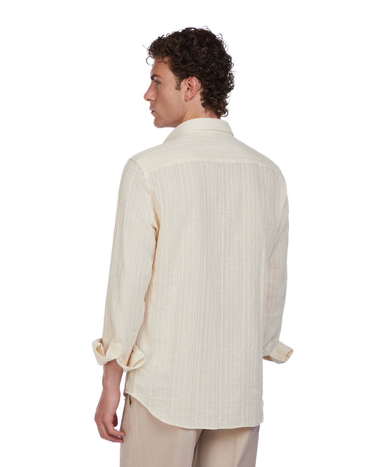 Men's beige textured long-sleeve shirt, lightweight fabric, relaxed fit, perfect for casual or semi-formal occasions.