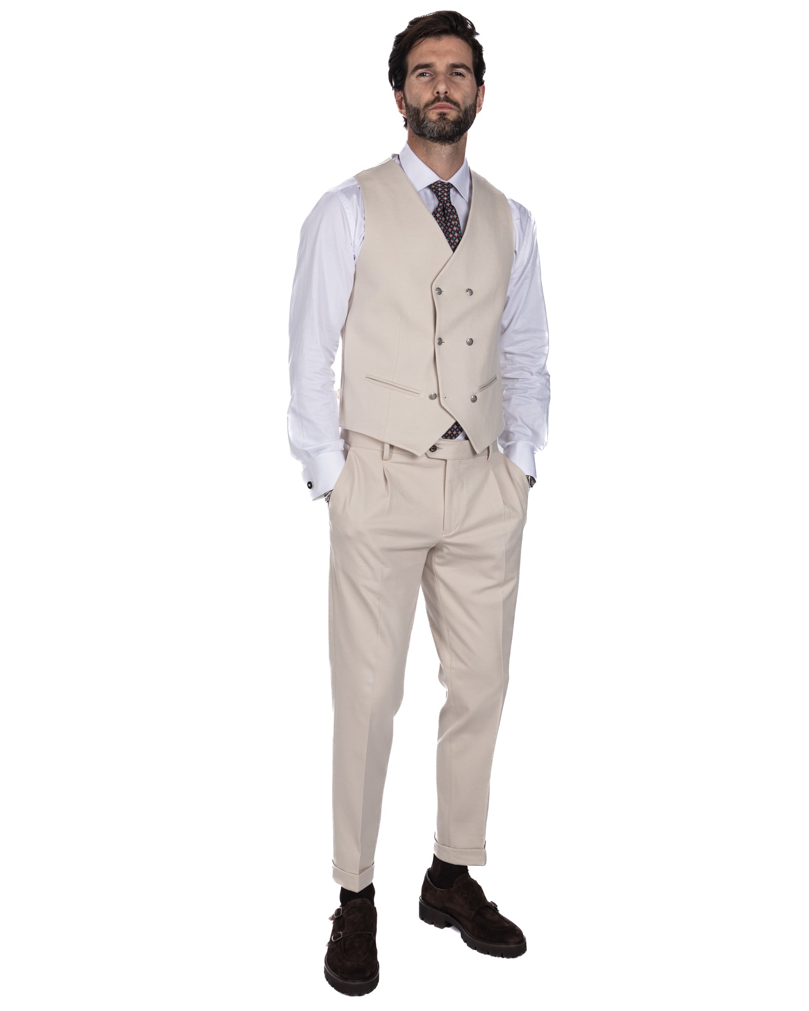 Mustang - double-breasted waistcoat in cream Milan stitch