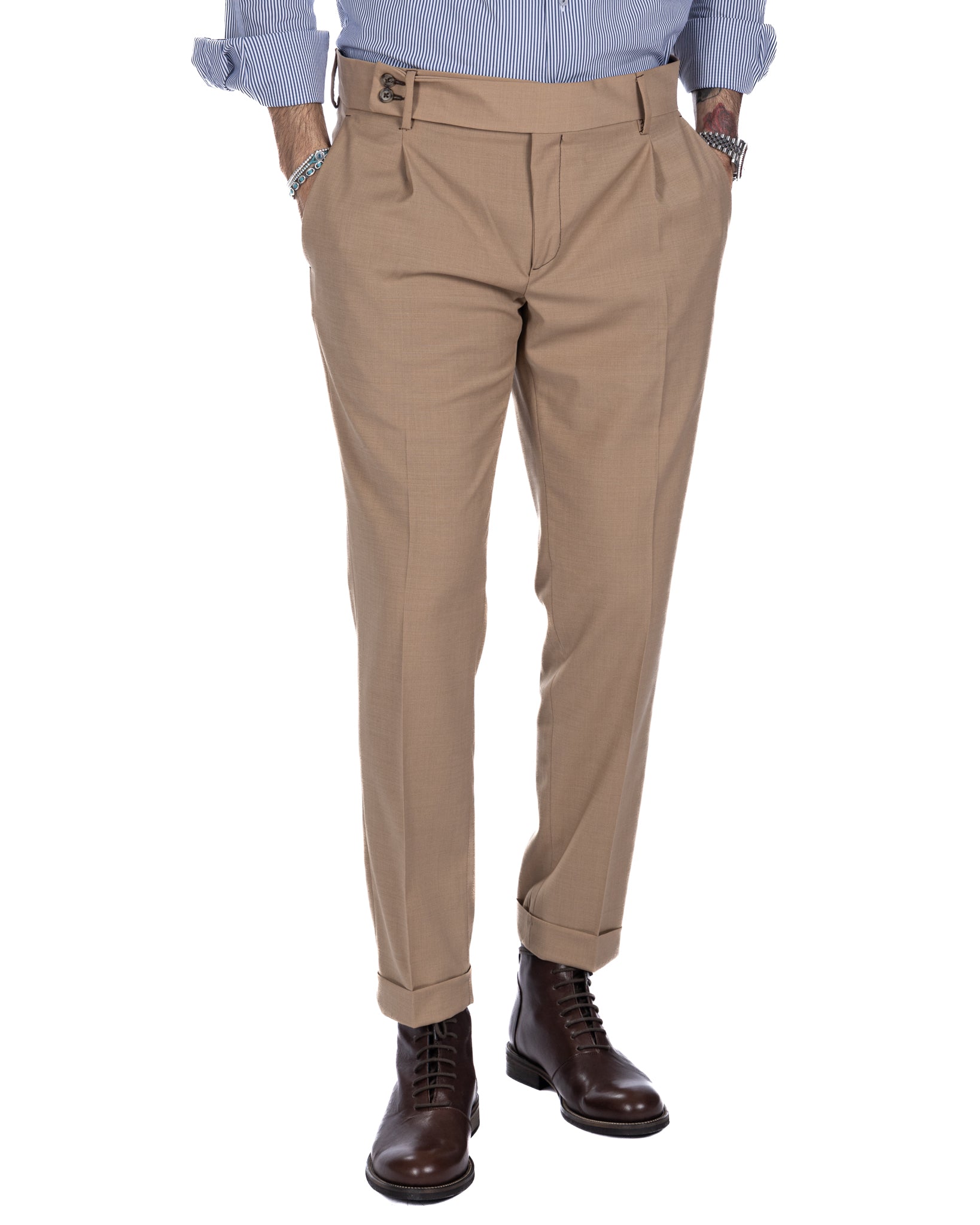 Pantalon italien taille haute camel en laine mélangée