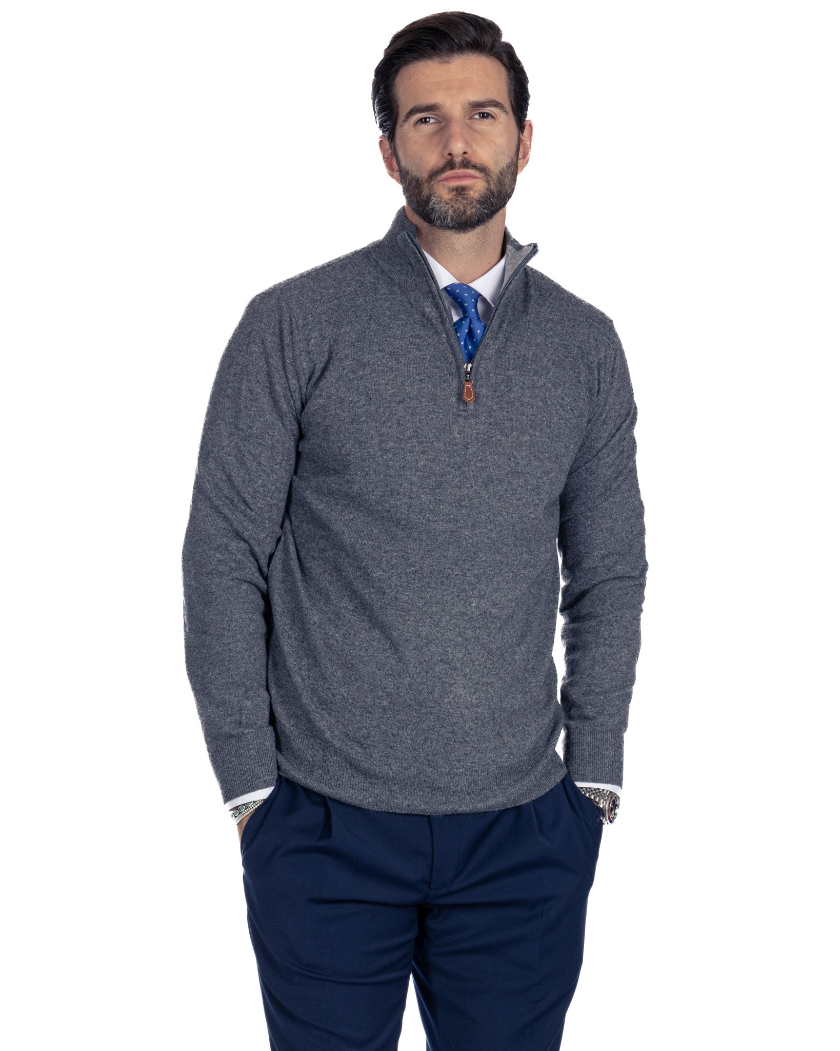 Rory - anthracite sweater with zip in cashmere blend