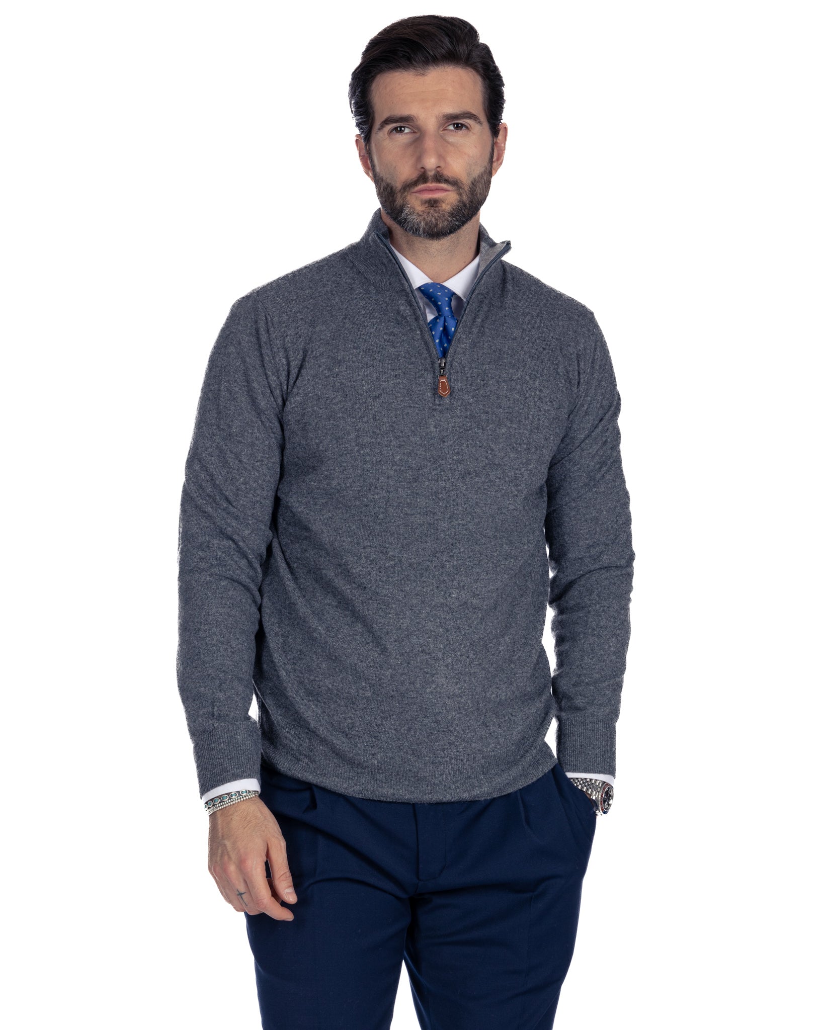 Rory - anthracite sweater with zip in cashmere blend