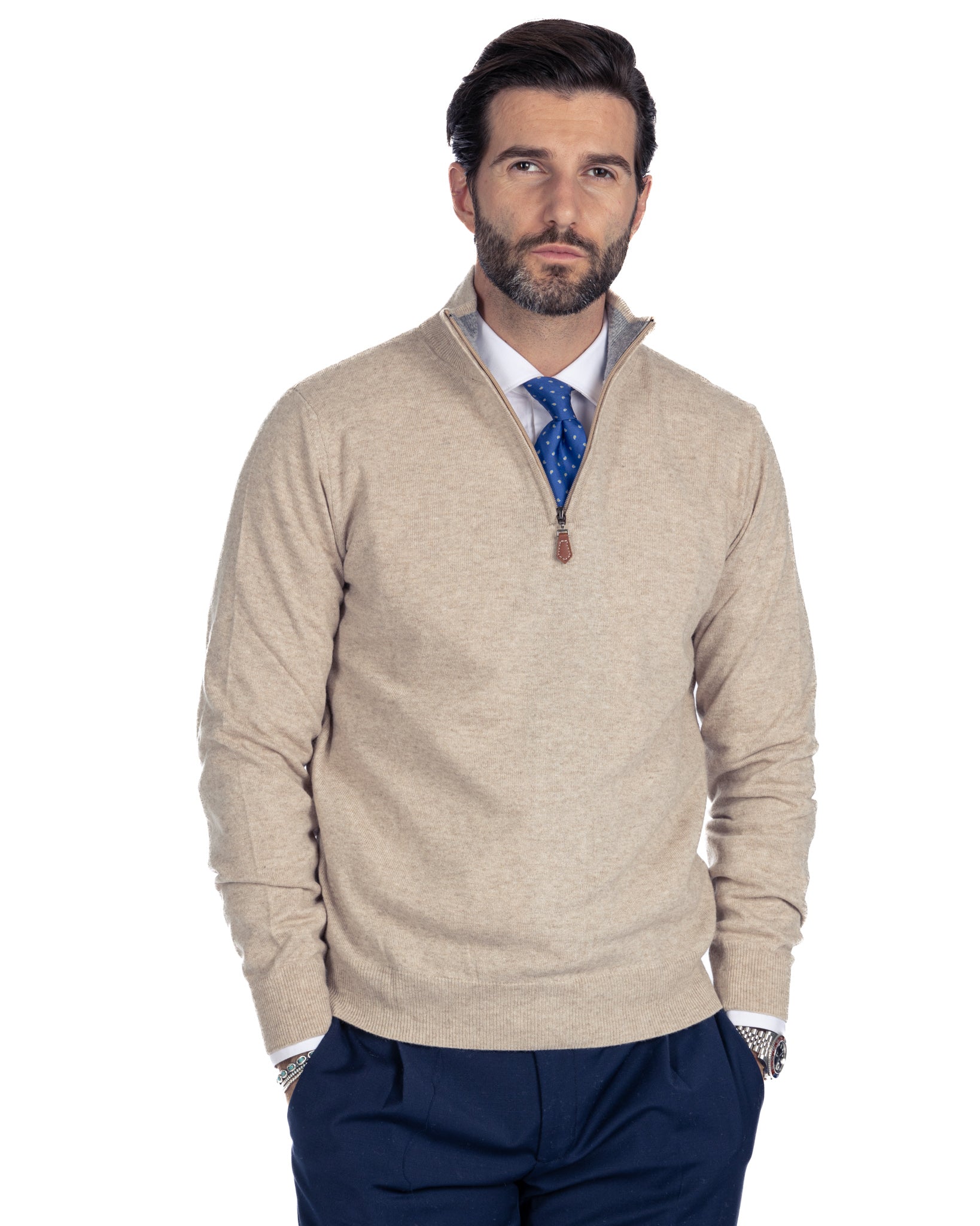 Rory - beige cashmere blend zip sweater
