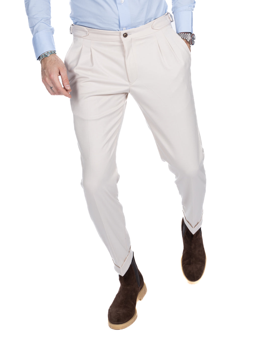 Otranto - cream trousers with buckles and pleats