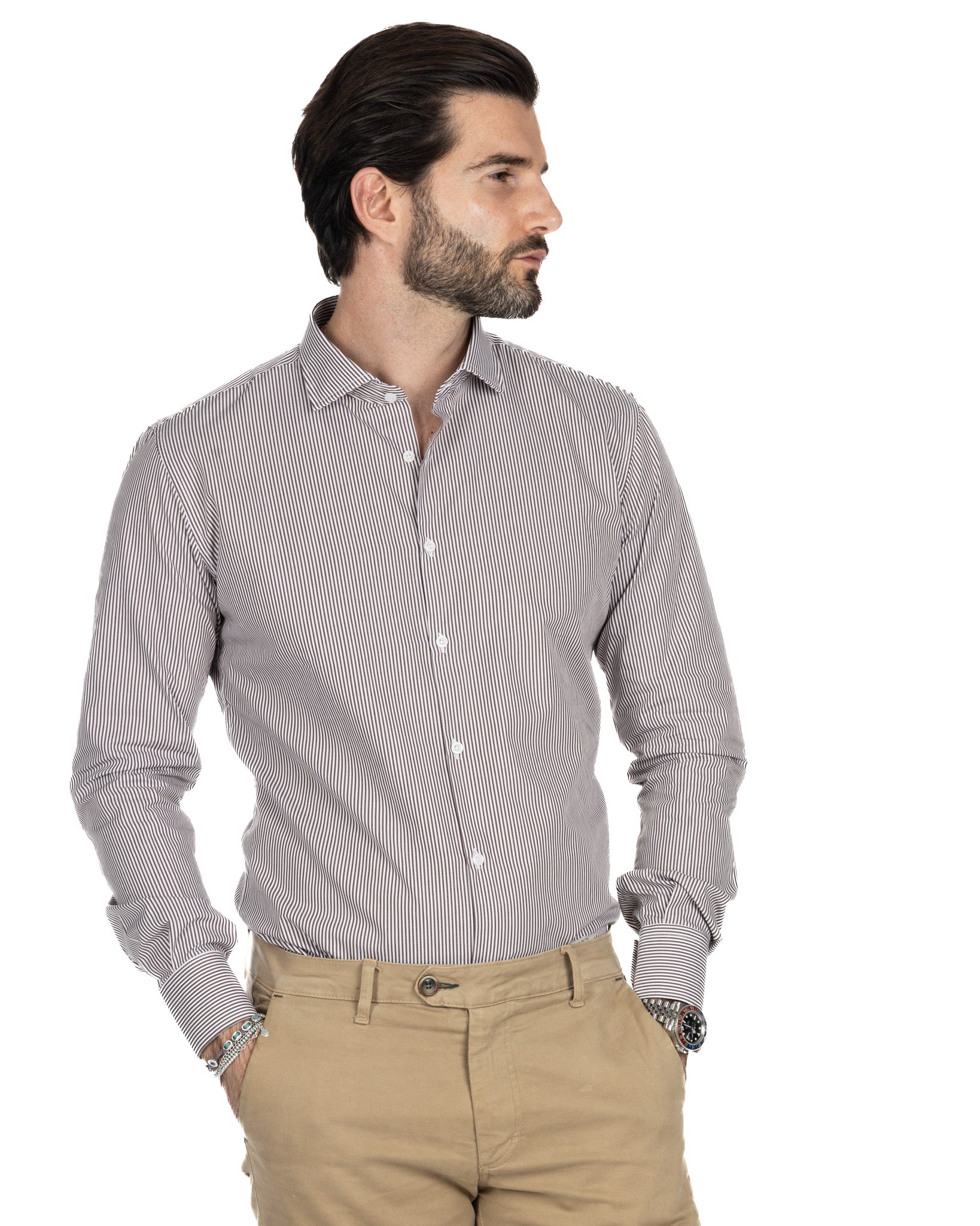 Shirt - slim fit narrow stripe brown