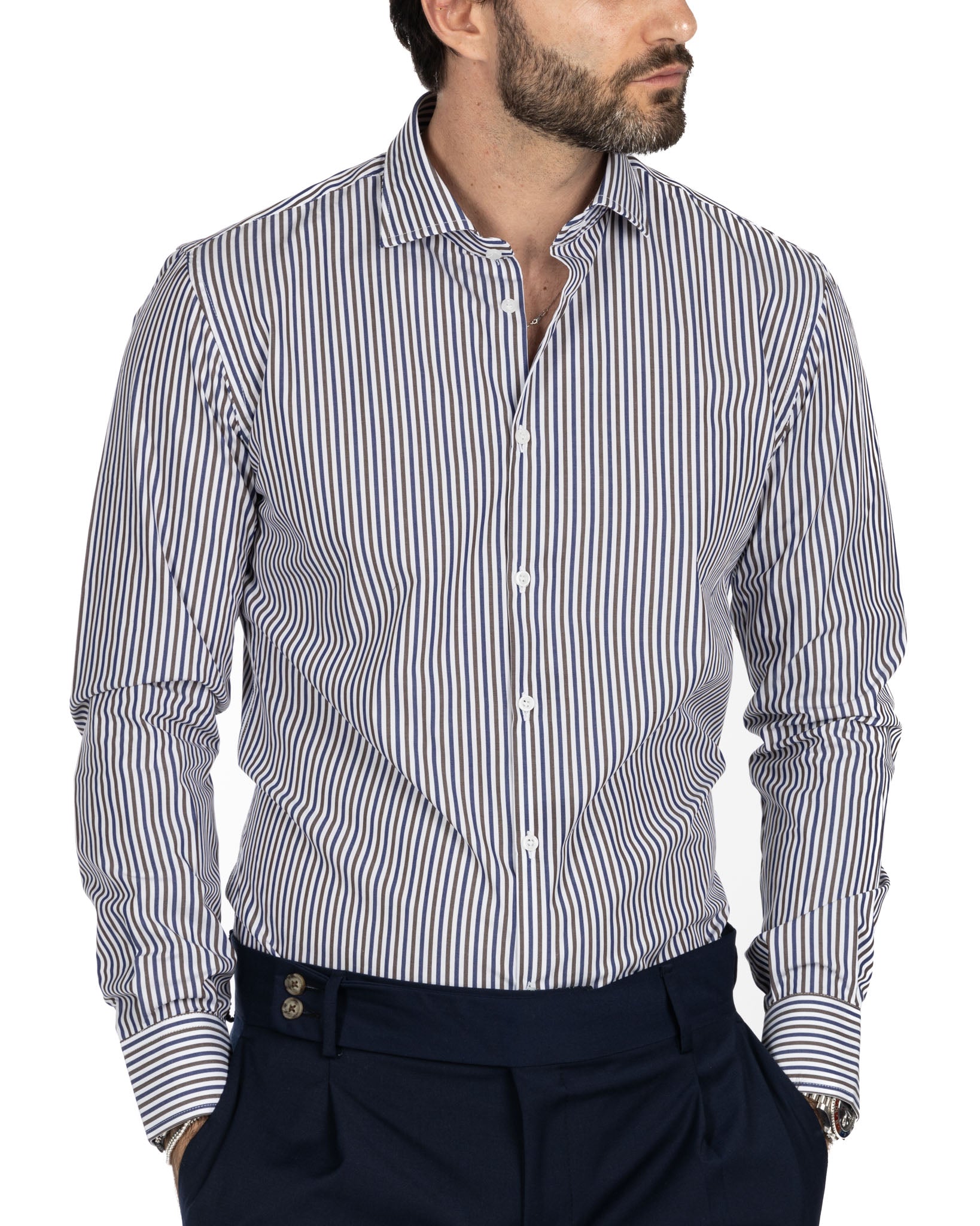 Shirt - slim fit brown and blue stripes