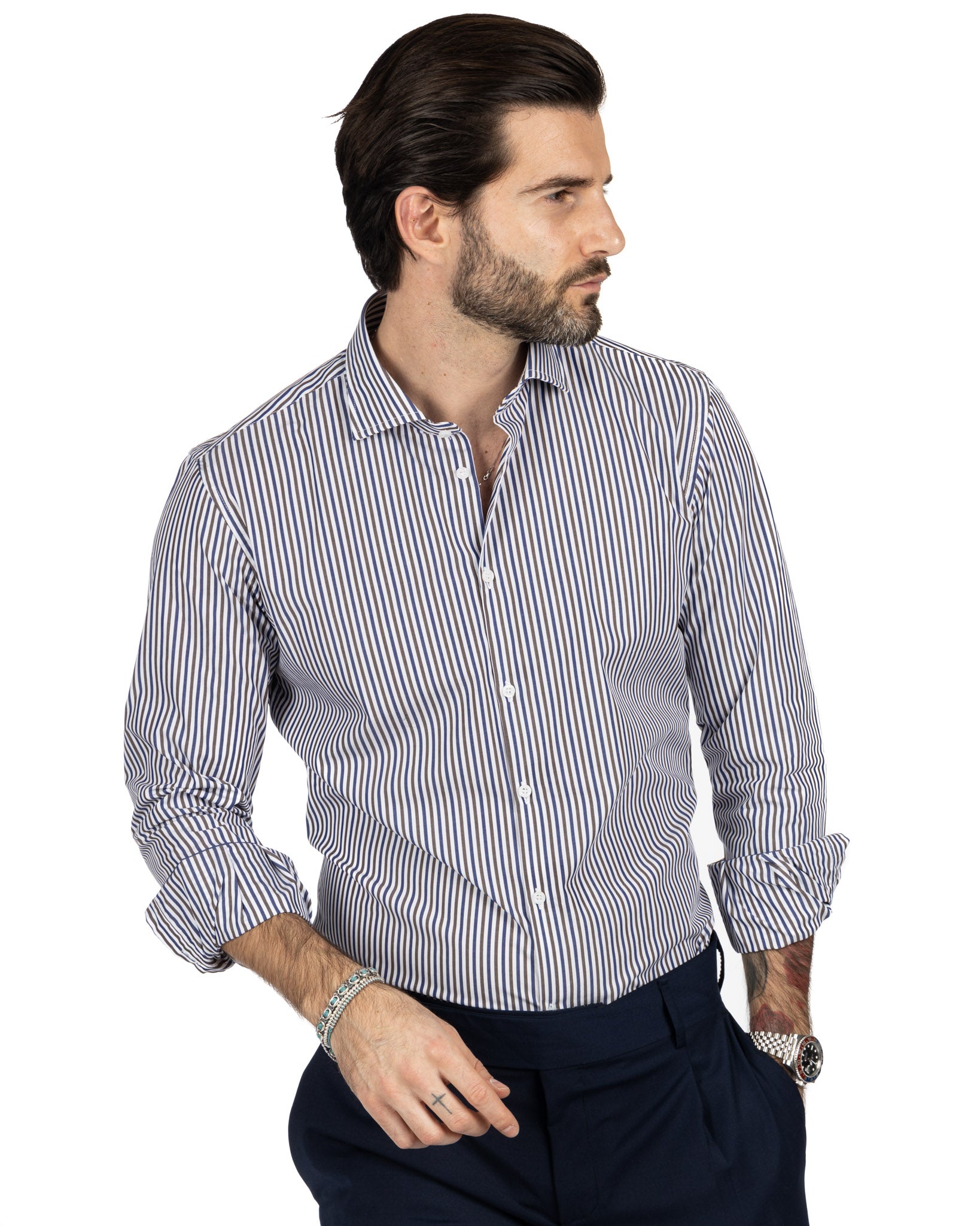 Shirt - slim fit brown and blue stripes