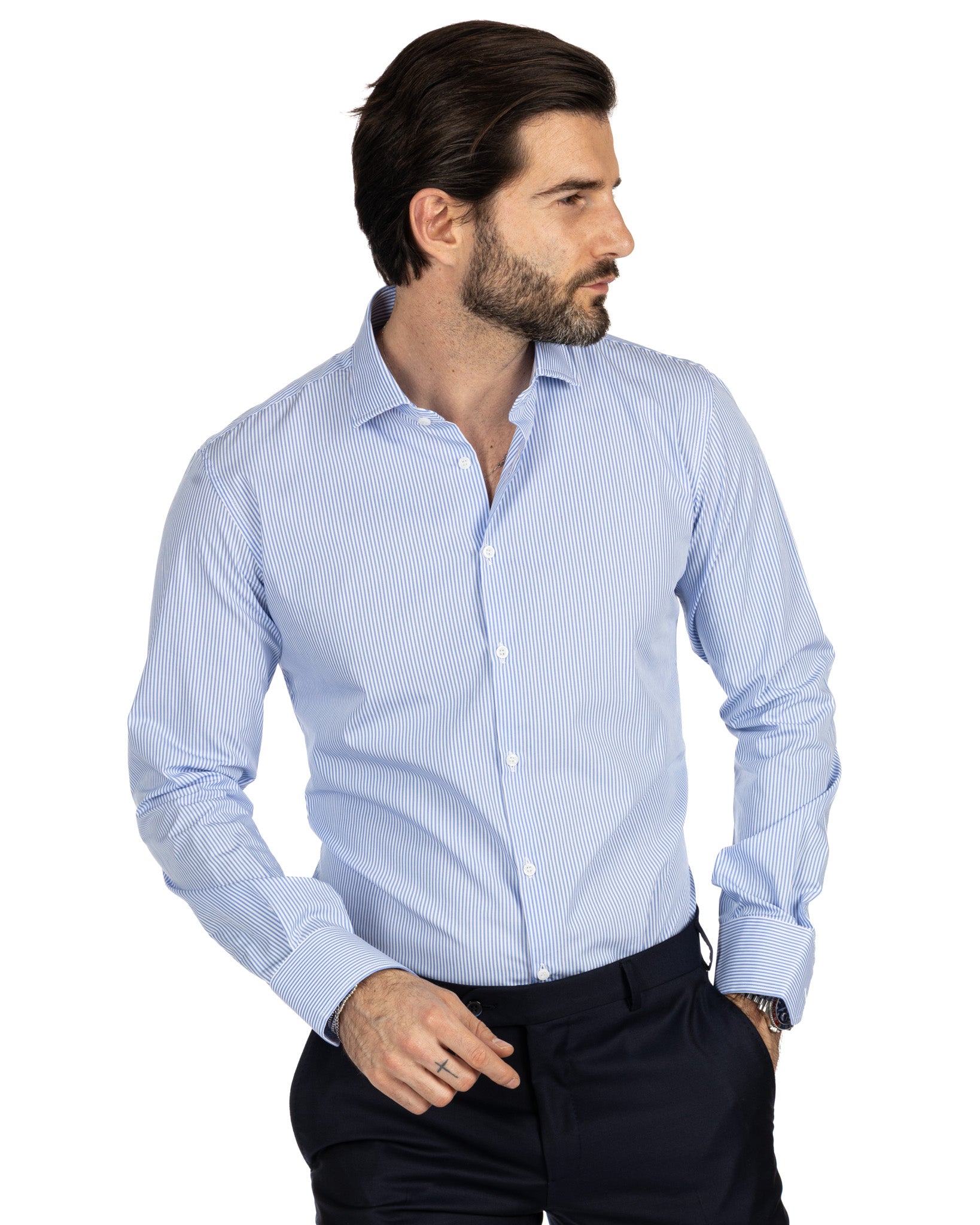 Shirt - light blue slim fit narrow stripe