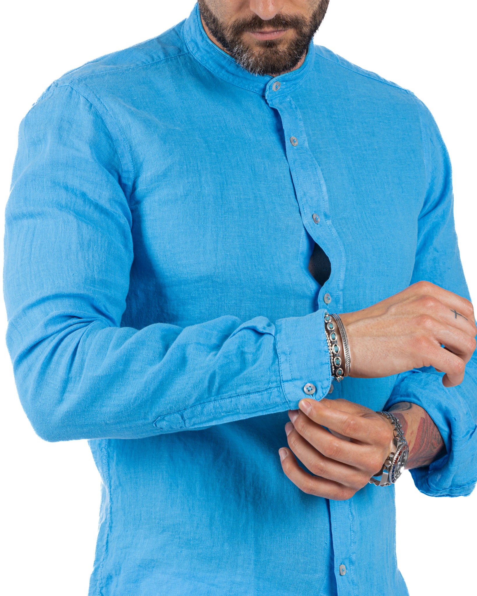 Nizza - Korean shirt in turquoise pure linen