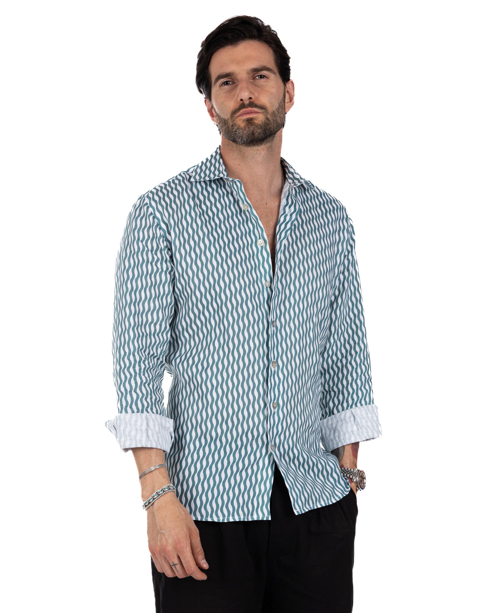 Onda - chemise en lin imprimé turquoise