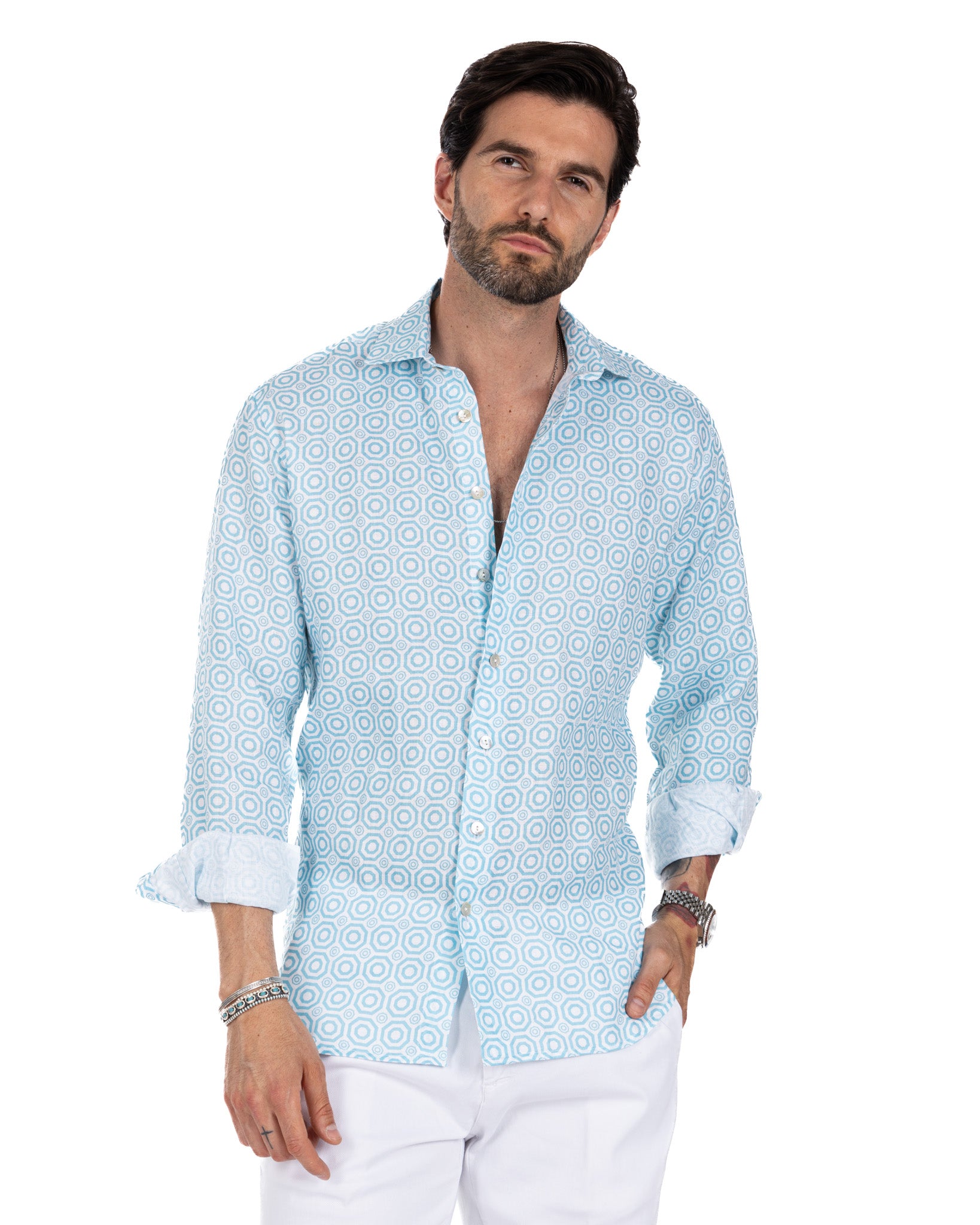 Maiolica - light blue printed linen shirt