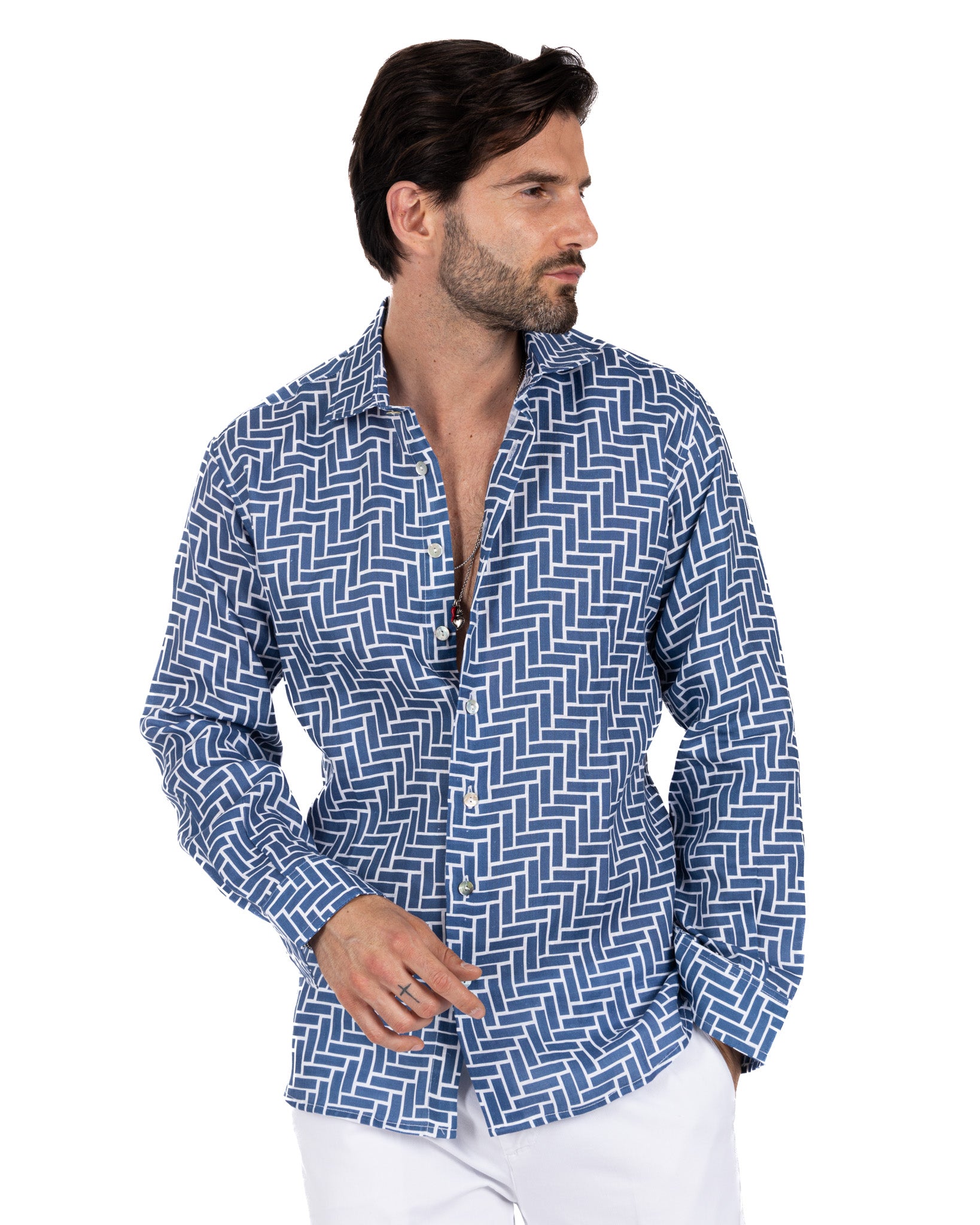 Riggiòla - camicia stampata blu in lino