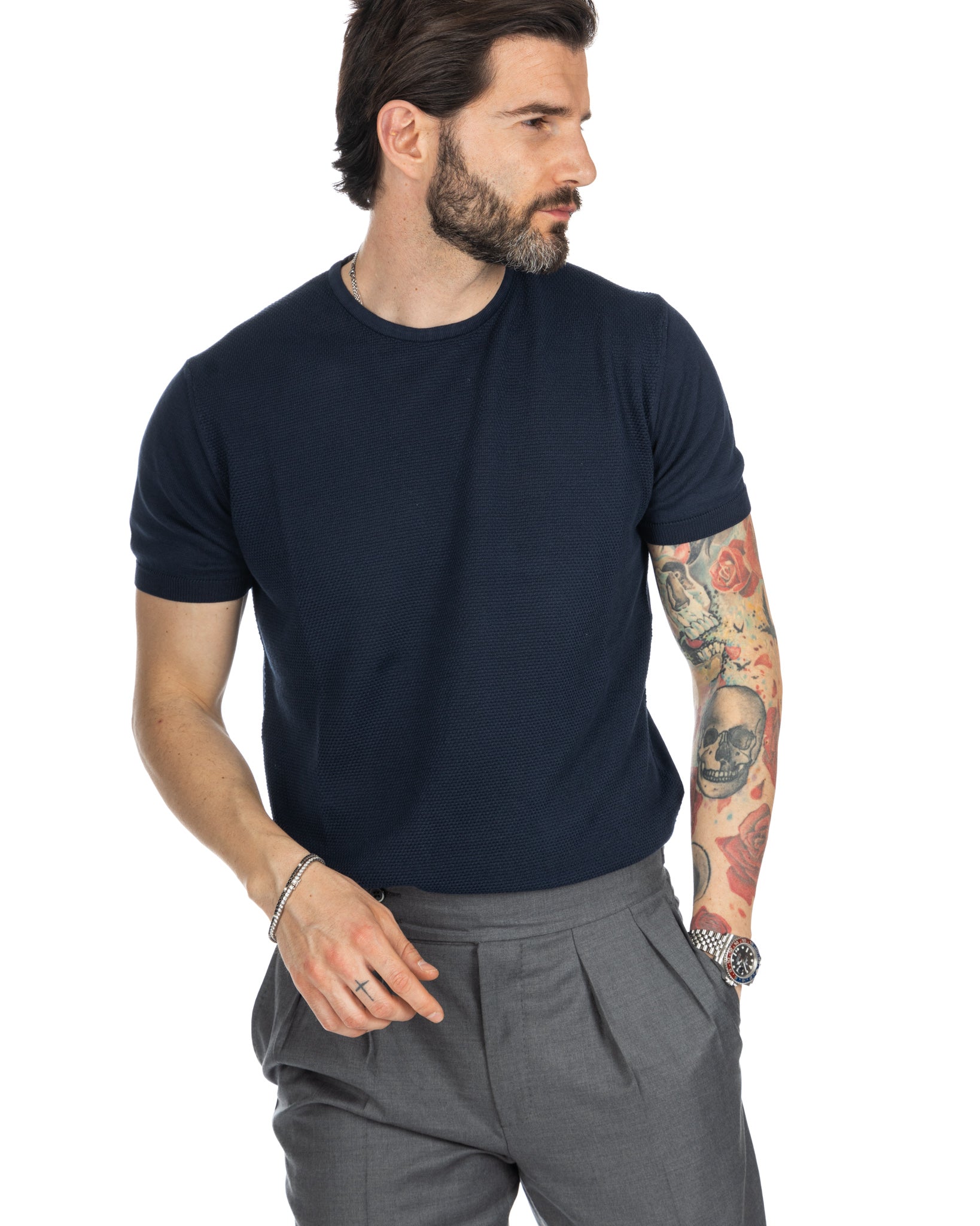 Lorenzo - t-shirt blu in maglia jacquard