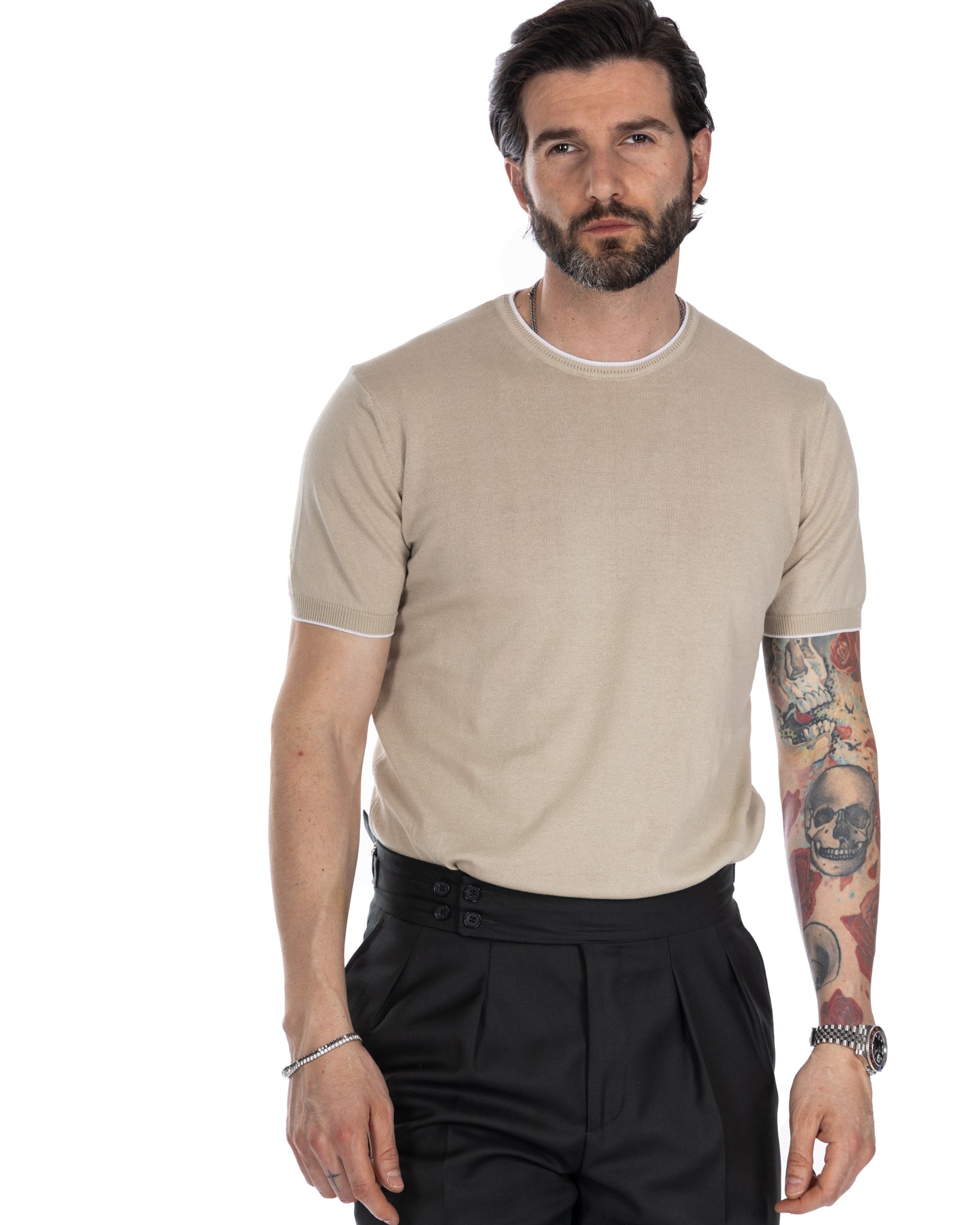 Holger - t-shirt beige a maglia con contrasto