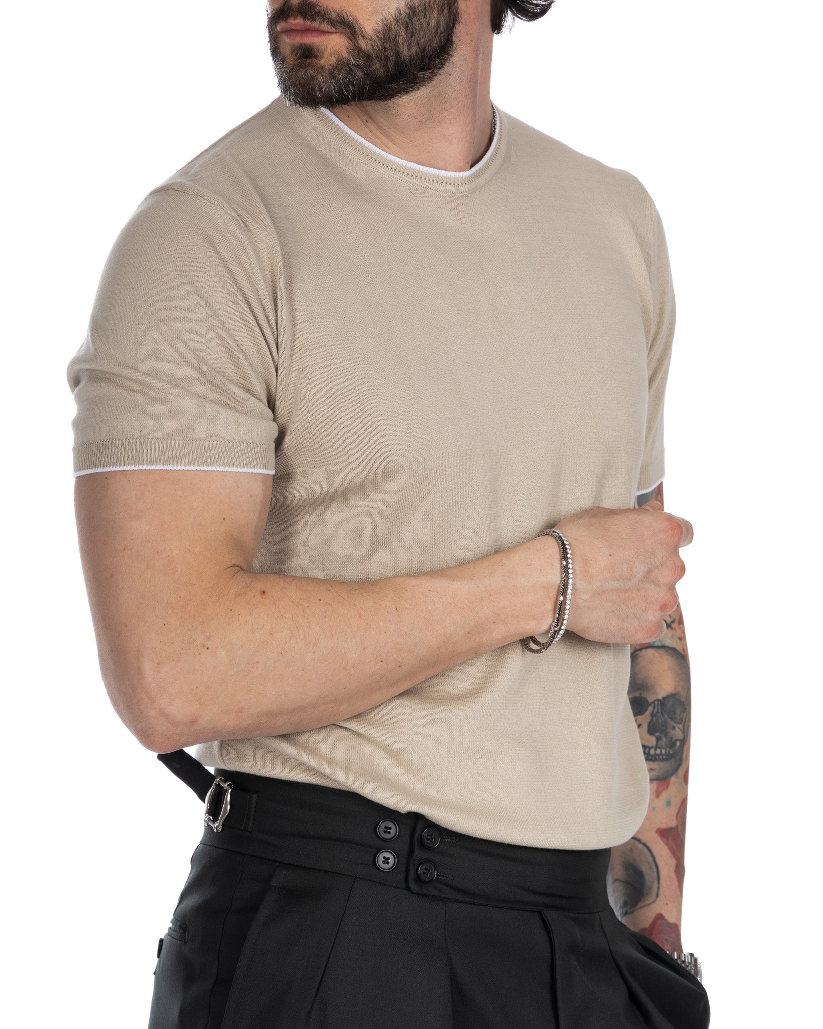 Holger - t-shirt en maille beige avec contraste